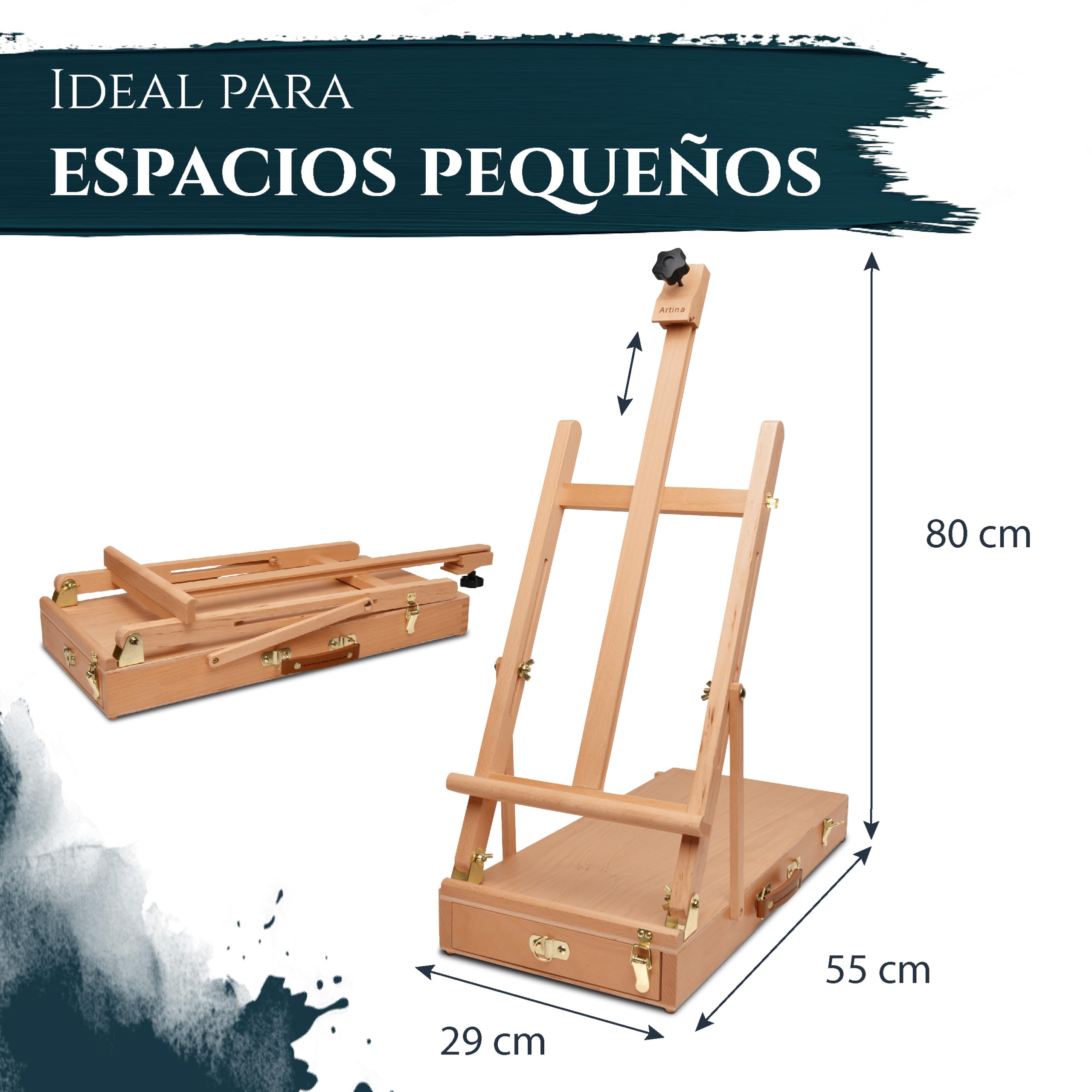 Artina Caballete maletín de madera de haya para bastidores haza tablero | Hasta 56cm de dibujo con caja ángulo de inclinación modificable kit de pinturas mesa ajustable Le Mans