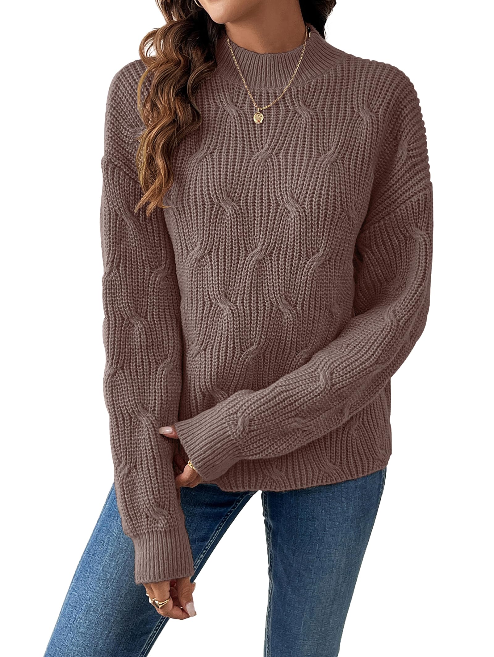 Womens Dressy Mockneck Cable Knit Long Sleeve Sweater Fall 2025 Oversized Chunky Ribbed Cuffs Knit Pullover