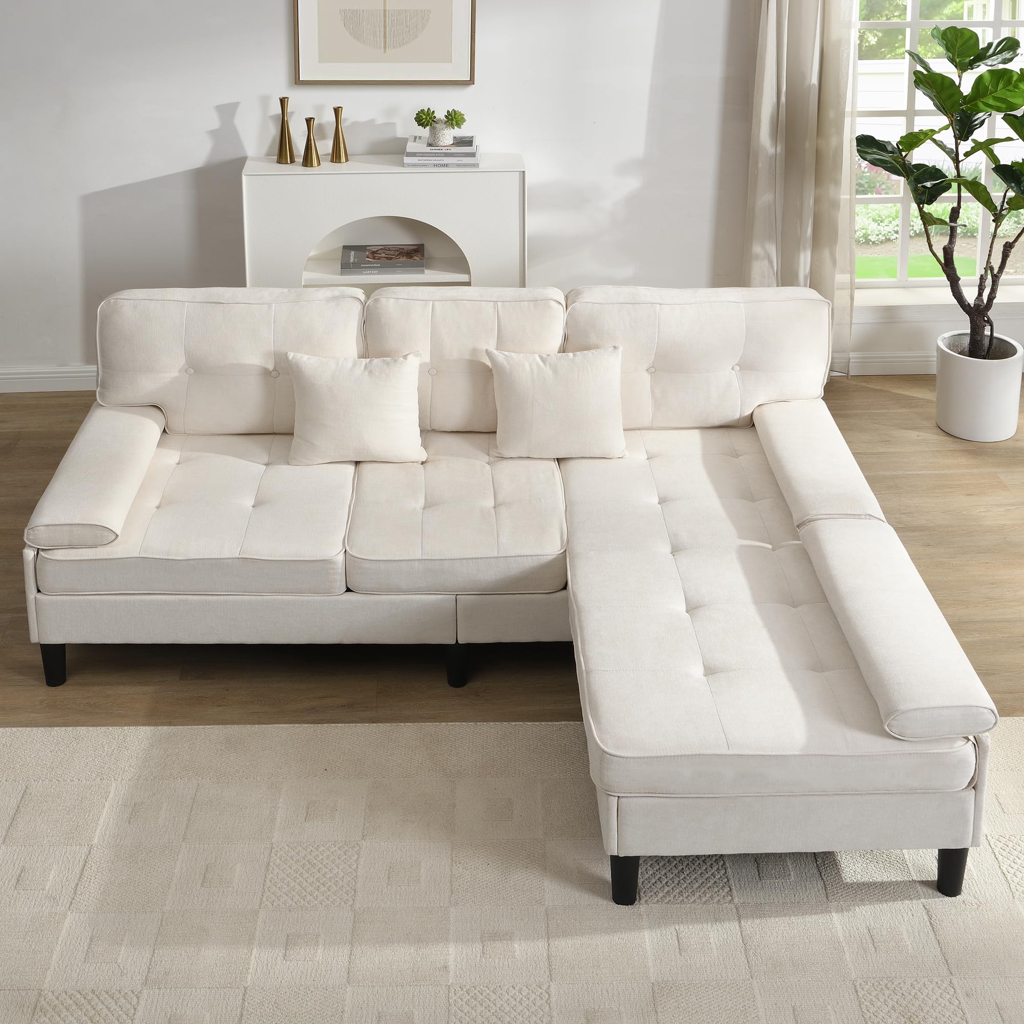 Divano ad angolo in ciniglia a forma di L, 195 cm di larghezza, divano chaise longue multifunzionale a tre posti con funzione letto, con poggiapiedi mobile, ideale per piccoli appartamenti