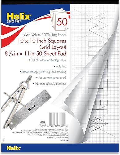 Helix - Bloc de papel 100 % vellum de trapo, 1 pulgada equivale a cuadrícula de 10 x 10 pulgadas, 8.5 x 11 pulgadas, bloc de 50 hojas, sin ácidos,