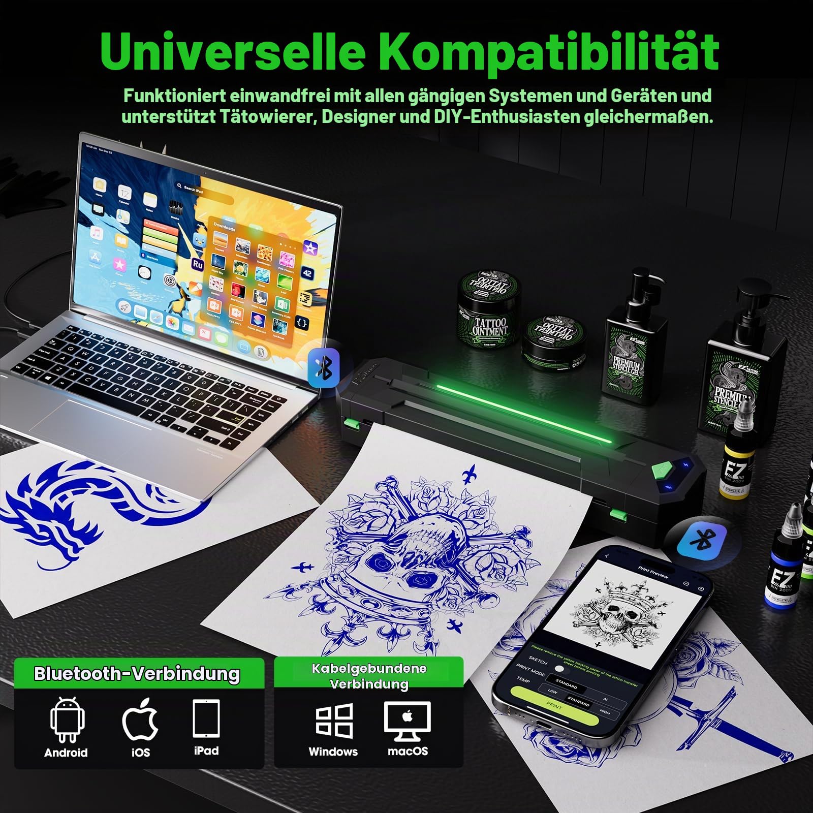 EZ Stencil Drucker - Thermische Tattoo Drucker Bluetooth mit 2500mAh Großem Netzteil, Tragbar Mini Drucker für Reisen Kompatibel mit Telefon/Tablet/PC Tattoo-Zubehör