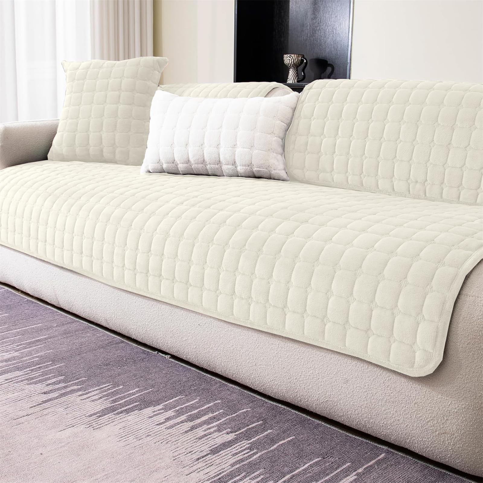 LINGKY Soft Flannel Sofa Covers Washable - Sofa Cushion Covers, Non-Slip Sofa Cover 1 2 3 Seater Couch Covers for Sectional Sofa, Sofa Slipcovers L Shape Furniture Protector (Beige White, 70x120cm) — image 1