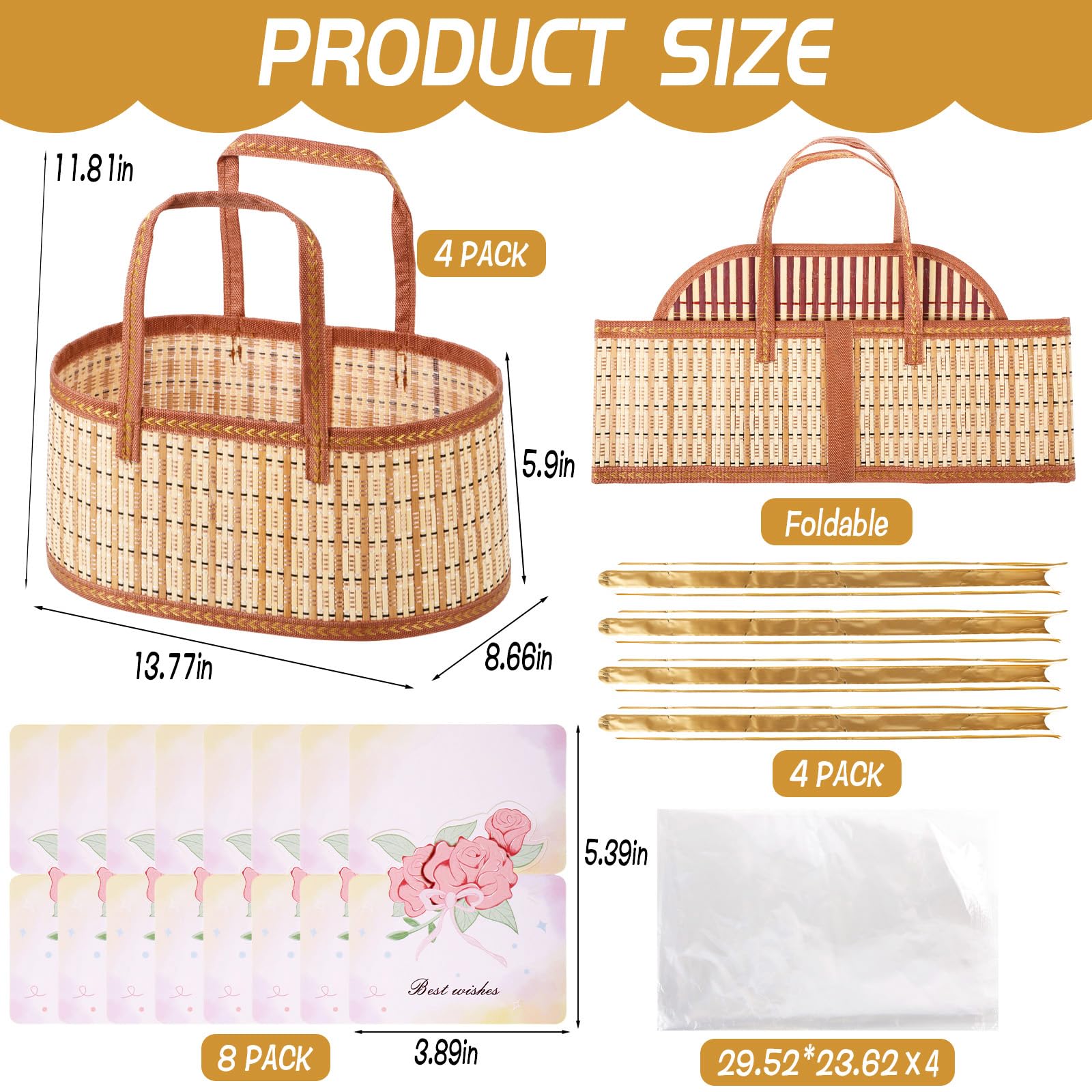 Juego de 4 cestas vacías para regalos, cesta grande de bambú vacía con asas, cesta de regalo tejida plegable con bolsa envolvente/tarjeta/lazo, cestas de regalo resistentes para bautizos de bebé