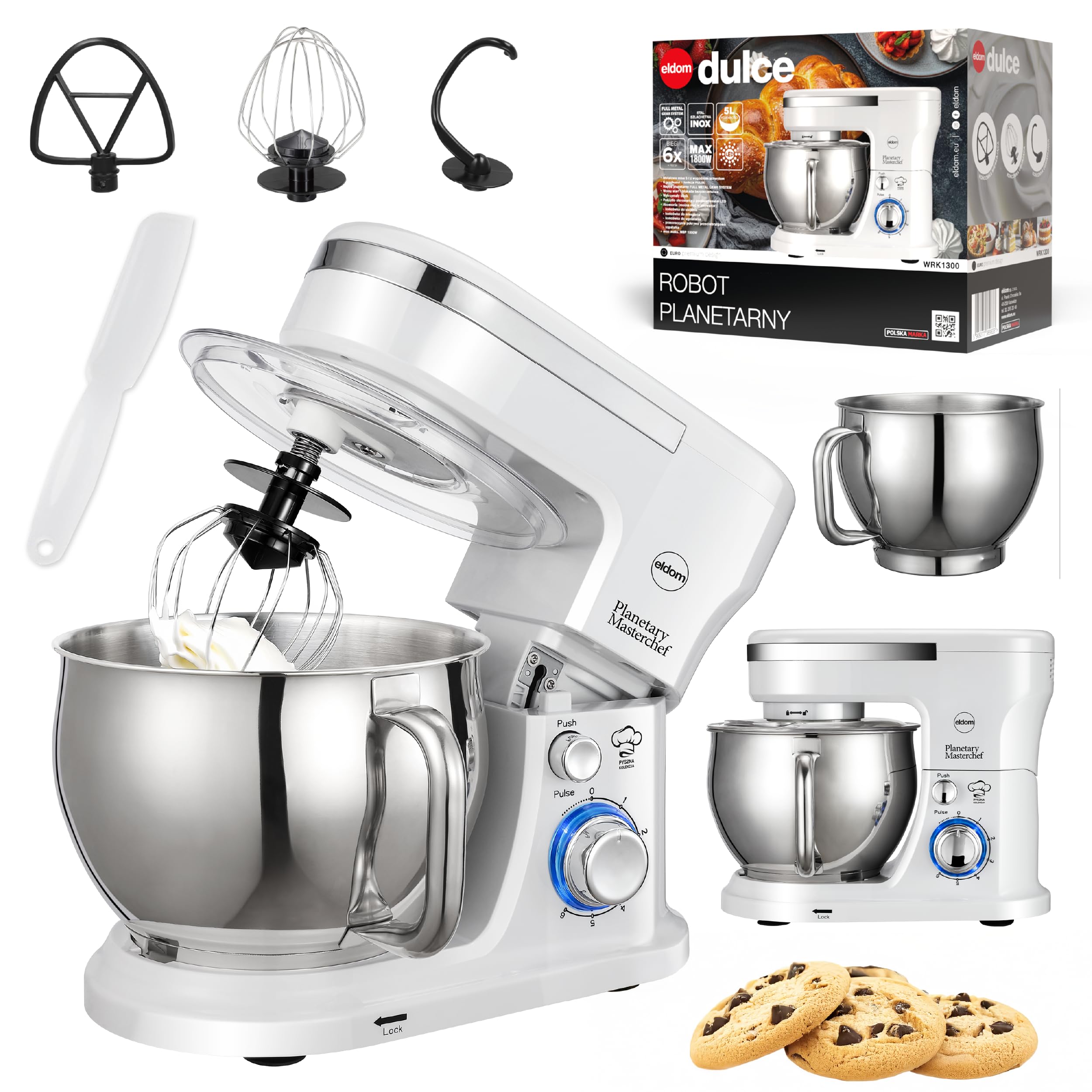 Robot de cocina 1300 W, batidora planetaria de 5 L, 6 velocidades + pulso, engranaje de metal, máquina de amasar con gancho para amasar, batidor y gancho para mezclar, color blanco WRK1300 Eldom