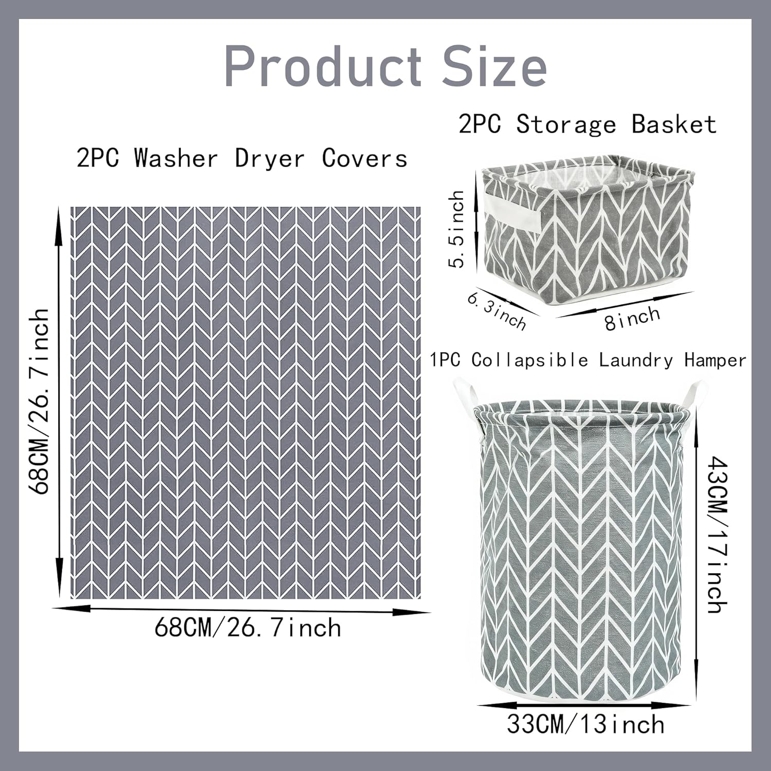 5Pcs Washer and Dryer Top Protector Mat Set with 2Pcs Diatom Mud Washer Dryer Covers, 2Pcs Foldable Storage Basket and 1Pcs Laundry Hamper for Home Laundry Room Organization and Decor,Gray