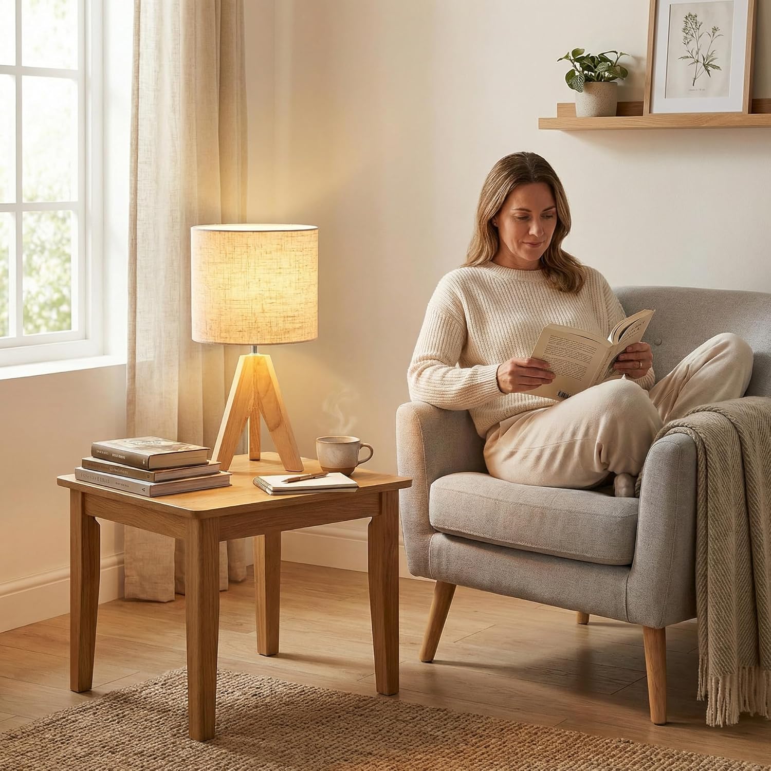 Modern Tripod Table Lamp with White Fabric Shade and Natural Wood Base for Bedroom, Dorm, Office