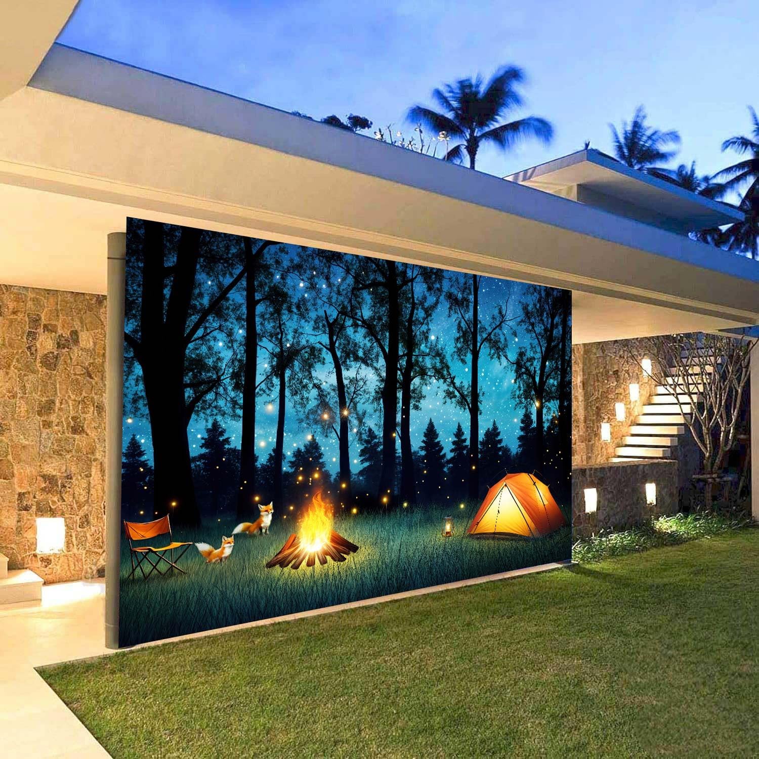 16X7FT Camping Forest Scene Garage Door Decorations Adventure Camper RV Kids Door Cover Garage Door Campfire Tent Children Adult Birthday Party Banner Decorations Photo Background Photography Backdrop