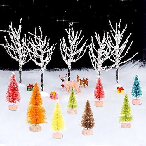Miniatura 6 de Yookat 51 mini pinos artificiales con base de madera, árboles de sisal para botellas, árboles de colores surtidos y cajas de ciervos, nieve de