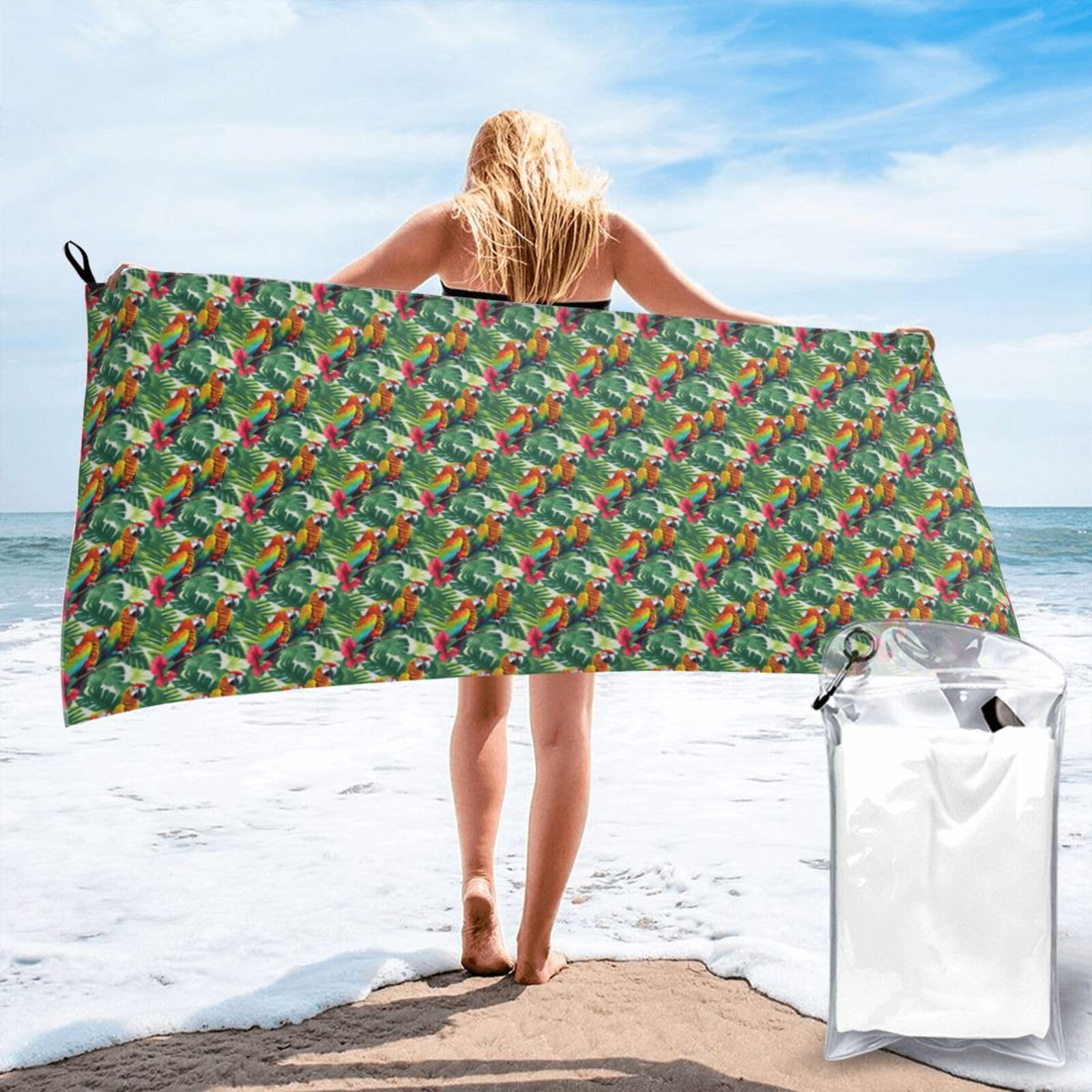 JBJGKHLP Tropical Flower Leaf Parrot Print Quick Dry Portable Towel For Beach Camping Hiking Yoga Fitness Outdoor Adventures