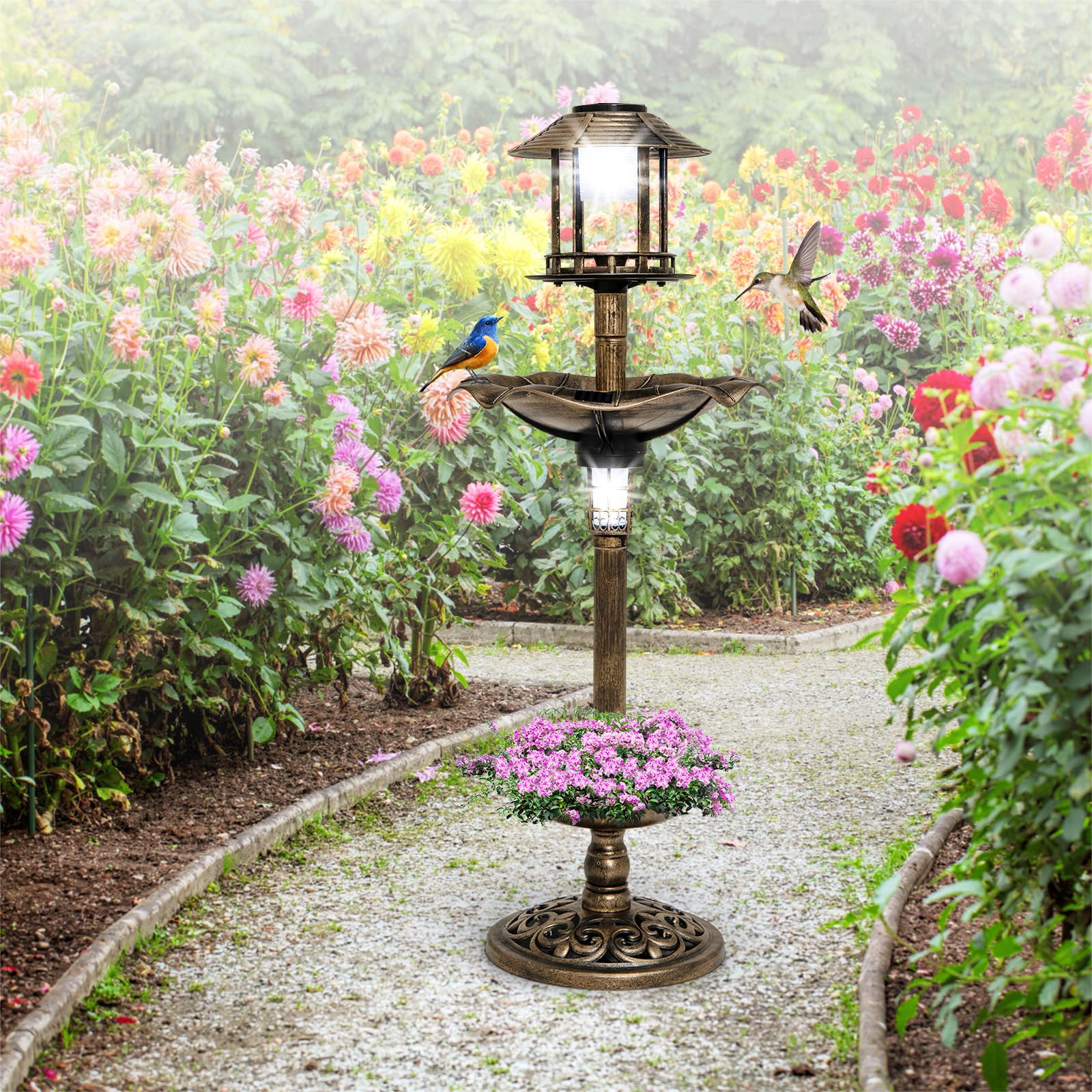 SOARS Mangeoire Oiseaux 2 Lampes à Energie Solaire Ø43 x 110H cm, Abreuvoir pour Oiseaux Sauvages Décoration pour Extérieur Style Antique Effet Bronze, Bain Oiseau pour Jardin, Balcon (Bronze Jaune) | Bain d'oiseaux antirouille avec pot de fleurs et mange