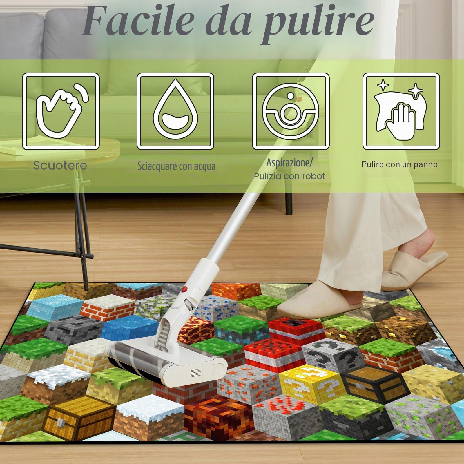 Tappeto da gioco a blocchi per adolescenti e ragazzi, con elemento di gioco pixel, tappeto decorativo, per camera da letto, soggiorno, sala giochi, antiscivolo, per area giochi per bambini (152 x