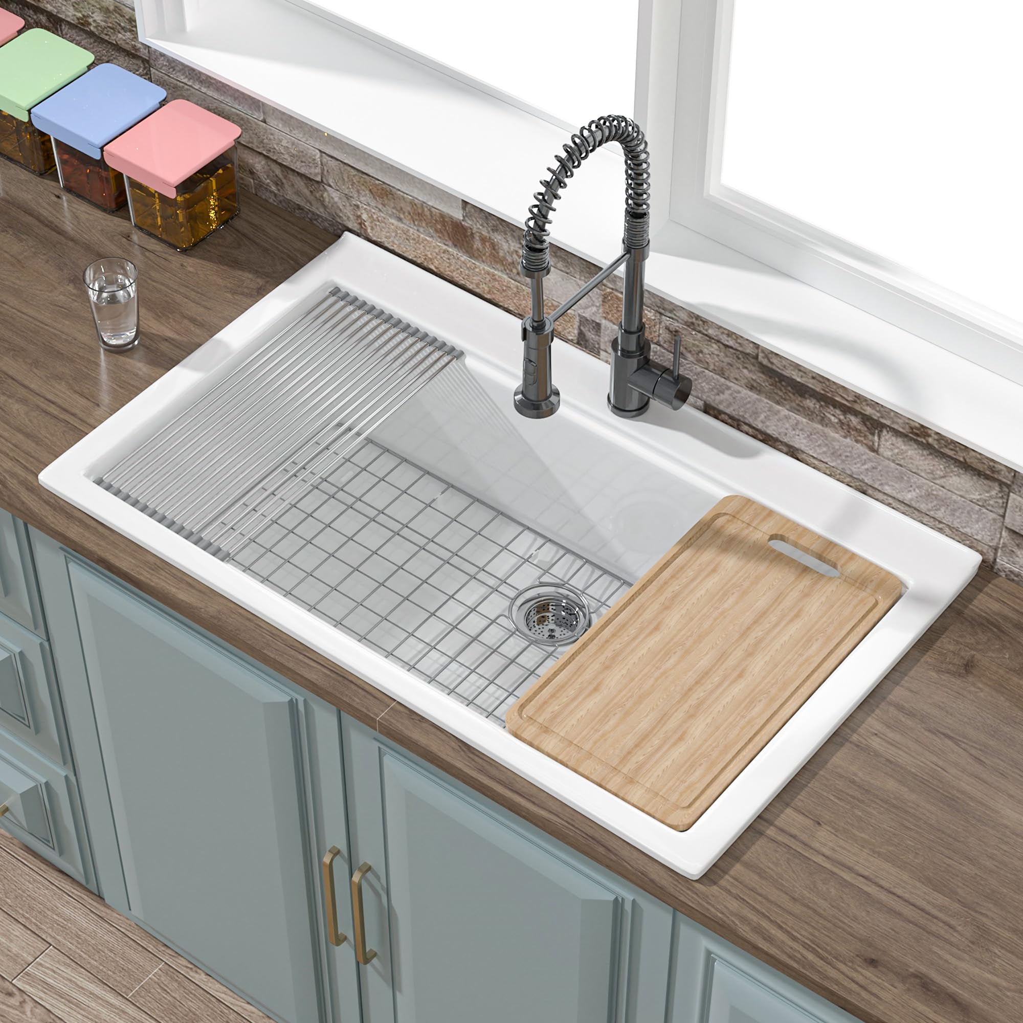 36x22 Drop In Kitchen Sink Workstation White 1 Hole, 36 Inch Extra Large Fireclay Workstation Sink Drop In Single Bowl, 4 Custom Accessories (Cutting Board Included), Topmount, for Kitchen