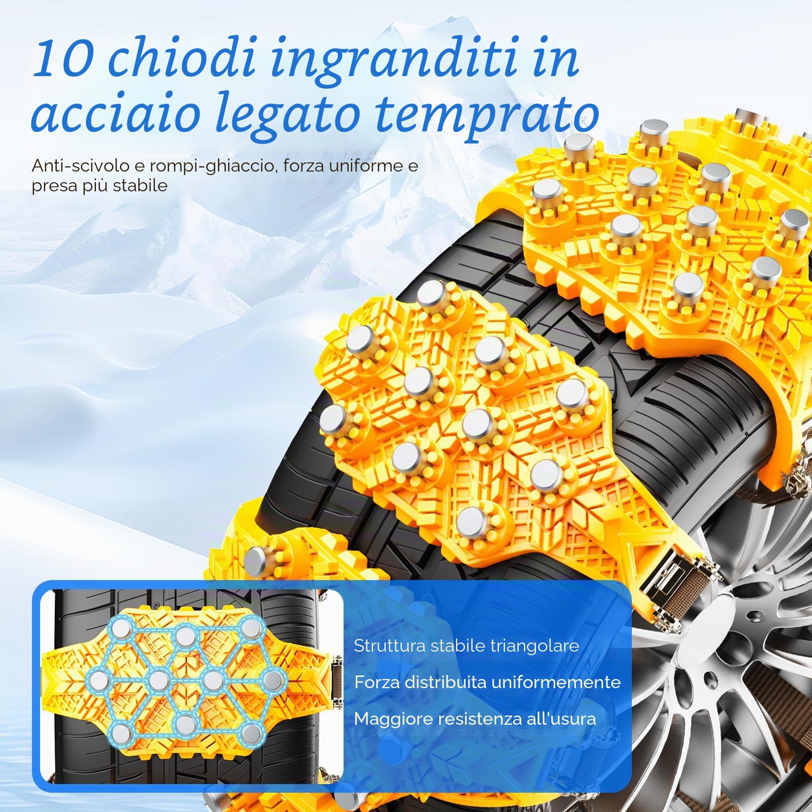 Catene da neve Oziral per pneumatici 165-255 - 8 pezzi catene antiscivolo regolabili con sgancio rapido - Include guanti e pala - per auto, furgoni, SUV su strade innevate