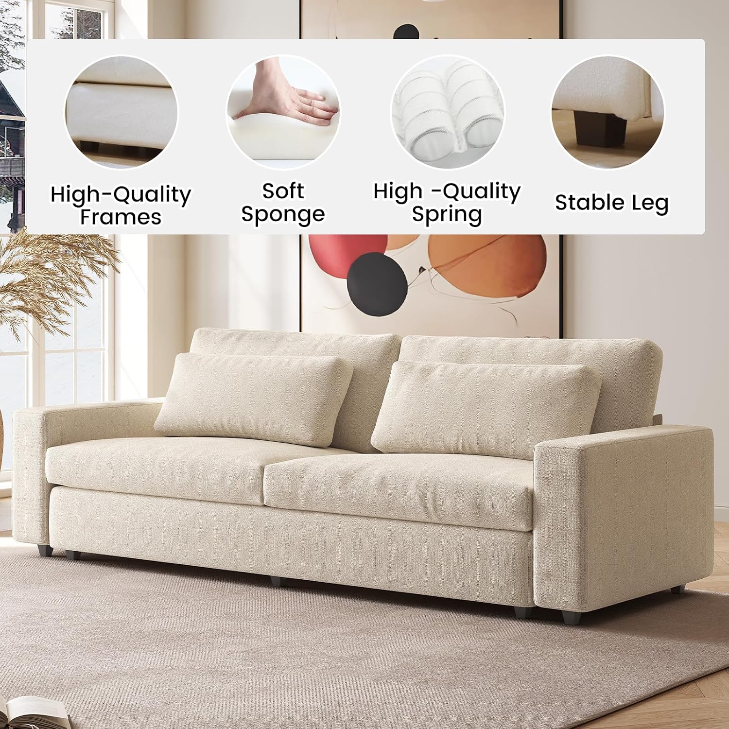 Guyii 104.72" Oversized 3-Seater Sofa Extra-Wide Deep 2 Pillows Modern Polyester 330 Lbs Capacity