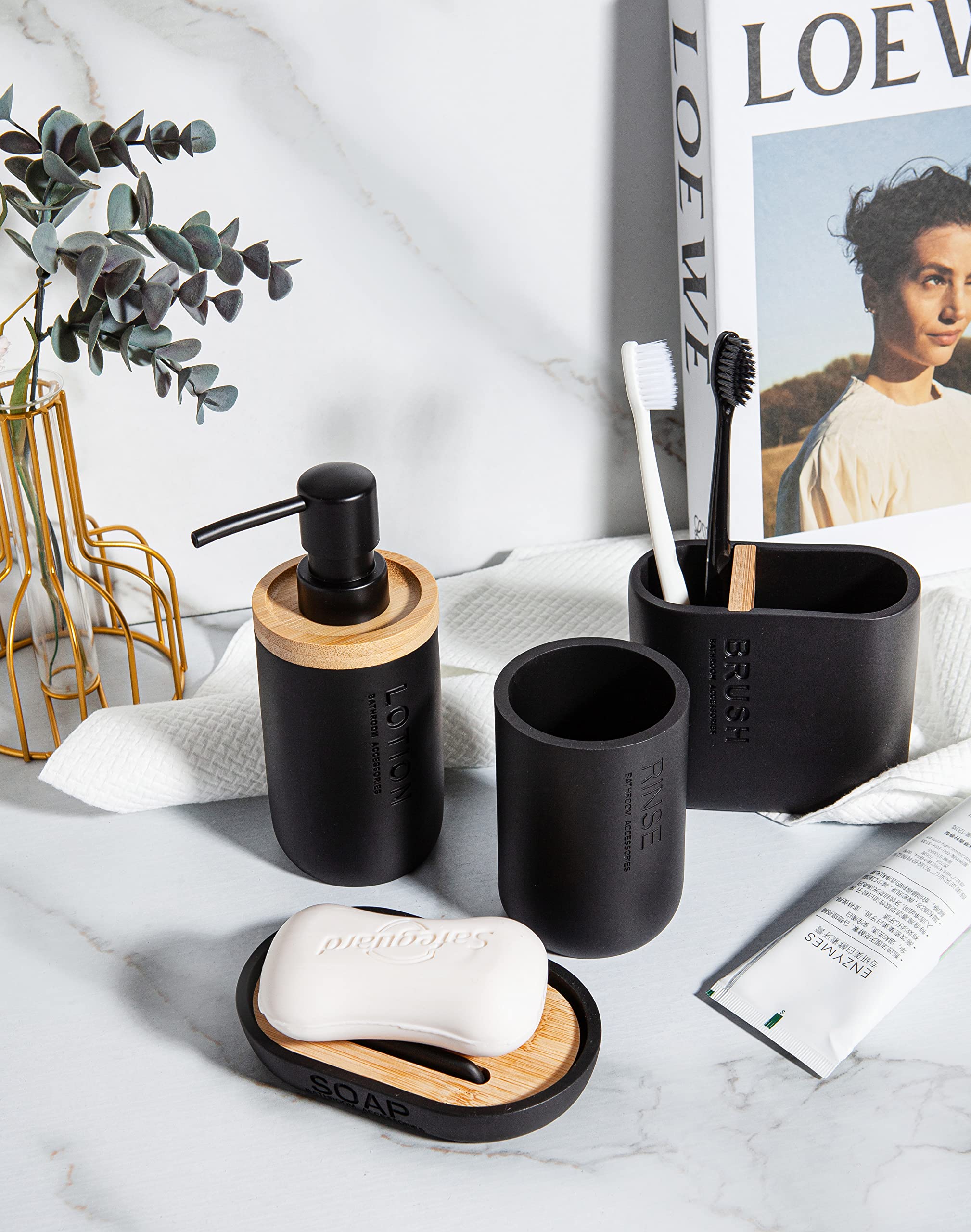 zhanwang - Set con dispenser per sapone in bambù e altri accessori in legno e bambù: portasapone decorativo, bicchiere per lavare i denti e porta spazzolino (nero)