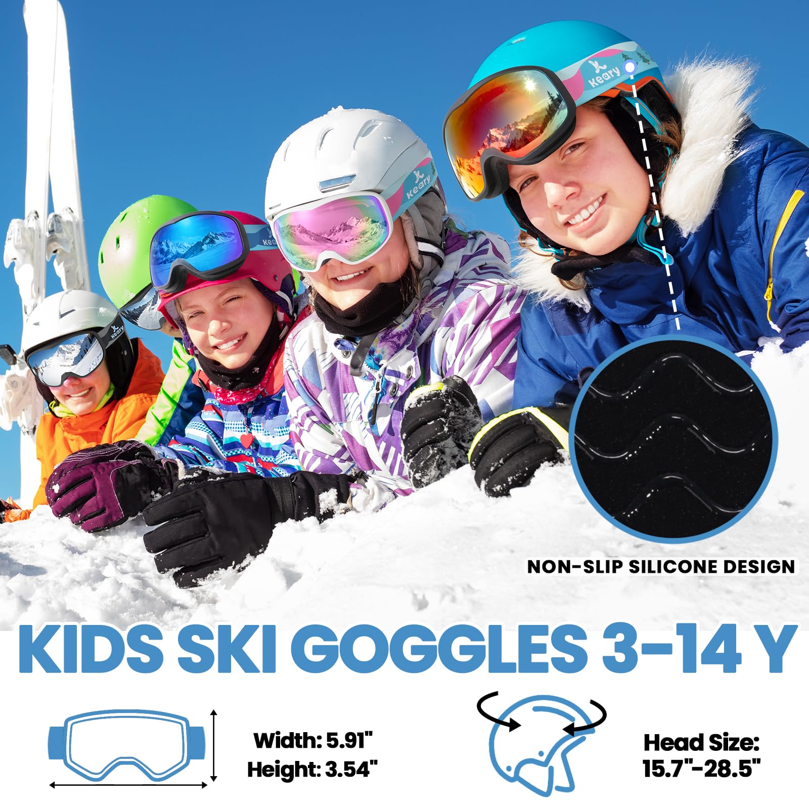 Keary Lunettes de ski pour enfants de 3 à 14 ans, lunettes de neige avec protection UV à 100 %, anti-buée