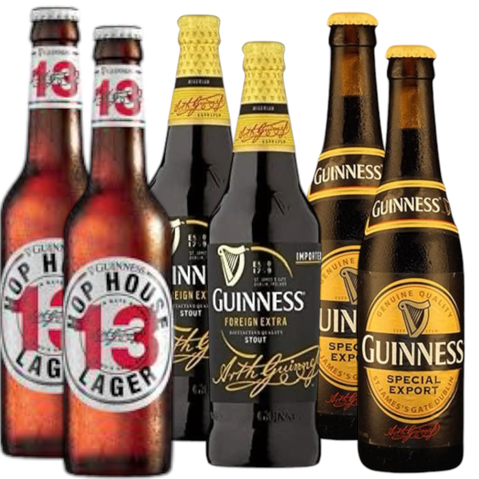 je 4 Flaschen Guinness Special Export, Foreign Stout und Hop House 13 inkl. original Bierdeckel Haus der Biere Berlin