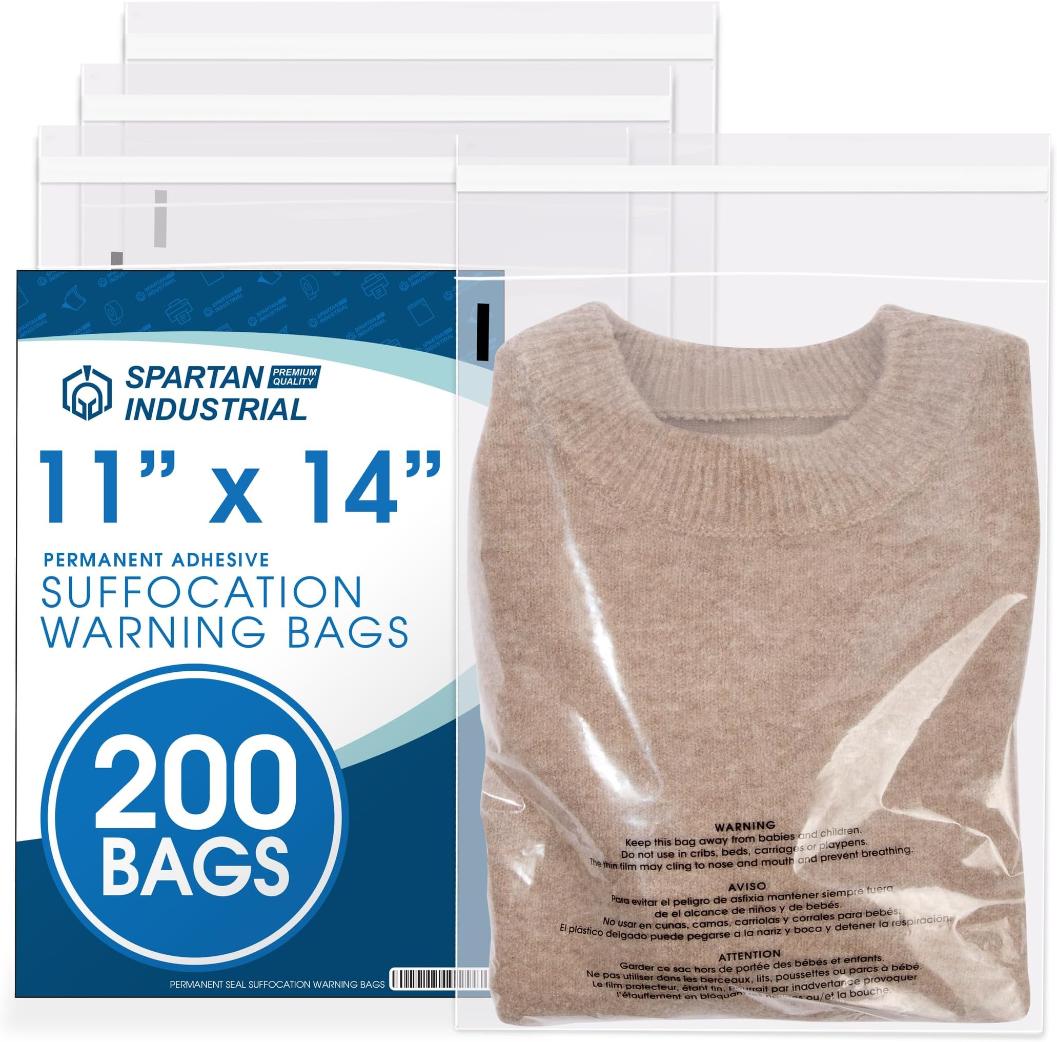 200 Count - 11” X 14” Self Seal Clear Poly Bags with Suffocation Warning for Packaging, T Shirts & FBA (More Sizes Available) - Permanent Adhesive