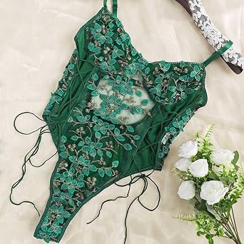 Women Sexy Lace Up Exquisite Floral Embroidered Teddy Lingerie Rave Bodysuit Tops Hollow Out Mesh Sheer One Piece