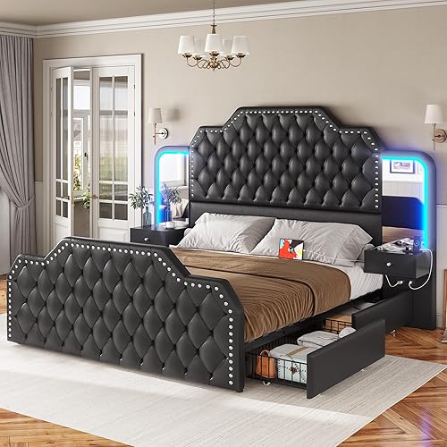 Itaar Queen Bed Frame with 53" Tall Headboard and 4 Storage Drawers, PU Leather Upholstered Platform Bed Frame, Built in Charging Station & Led, 2 Nightstands with Mirror, Black