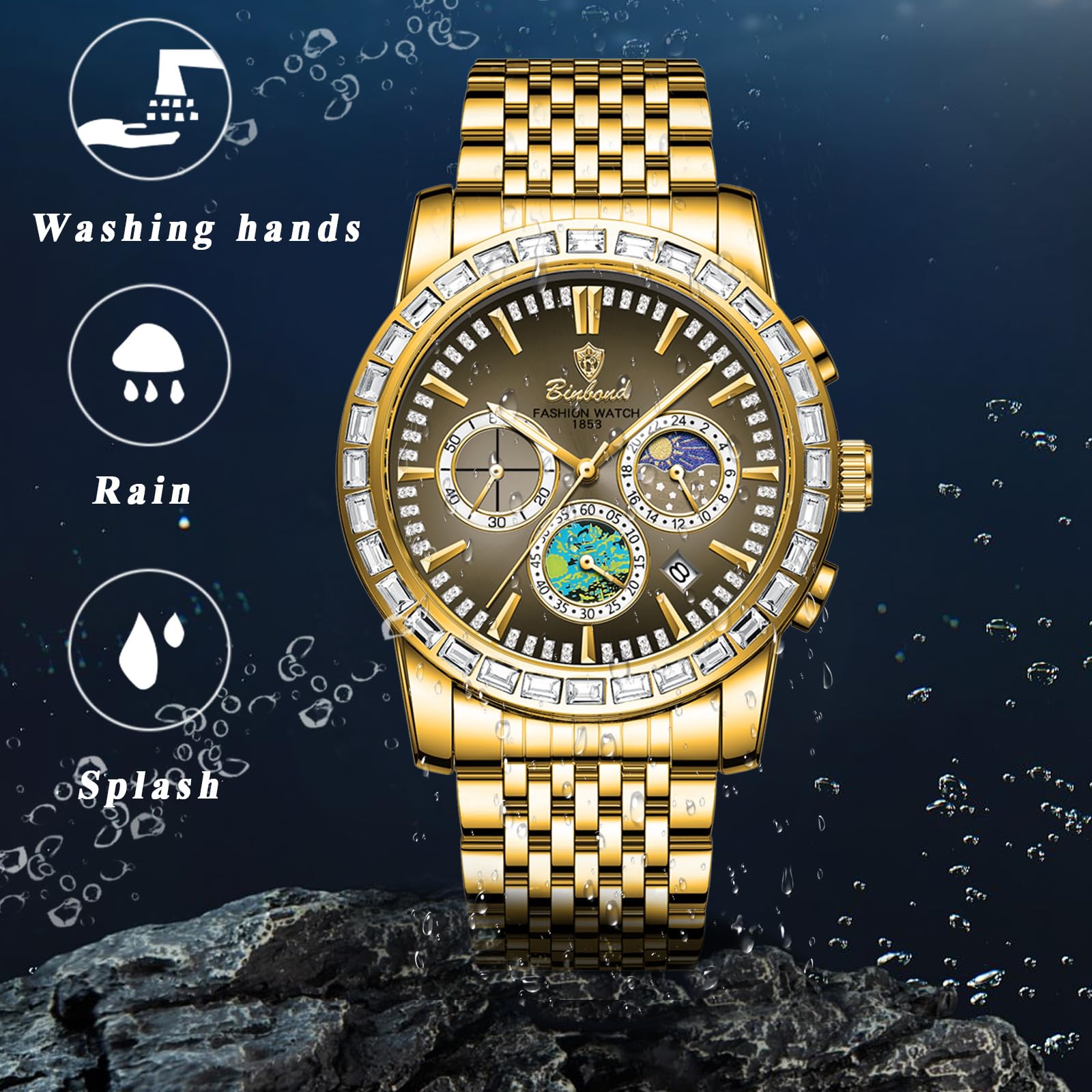 JewelryWe Zegarek męski, świecący zegarek chronografowy: 2 szt. 30 wodoszczelny kalendarz, analogowy, kwarcowy, męski, pasek ze stali nierdzewnej, wielofunkcyjny zegarek ze świecącymi wskazówkami