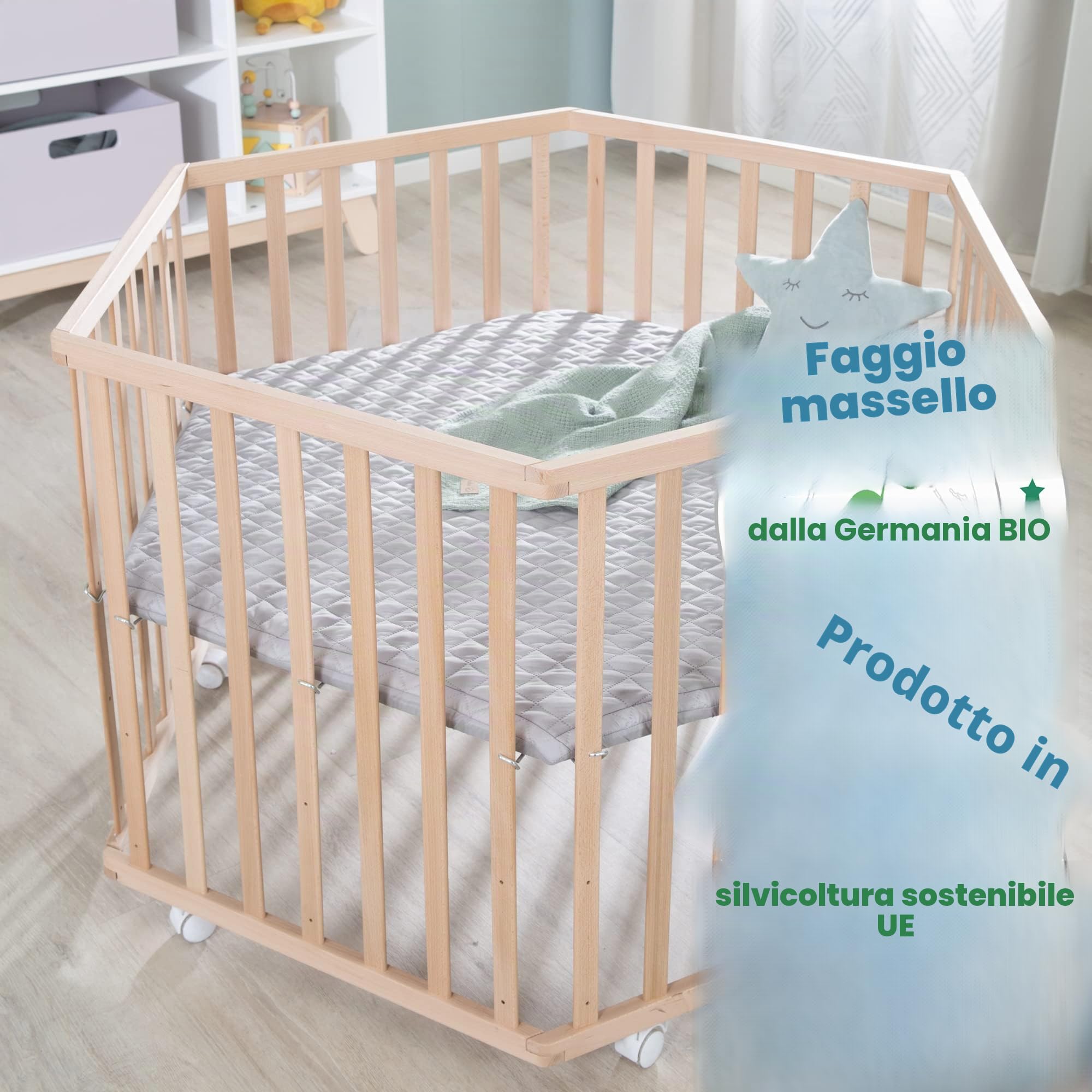 roba Box per Bambini Cosiplay + Materassino roba Style Grigio, Esagonale, Ruote con Freni, Base Regolabile in Altezza su 4 Livelli, Legno Bio Naturale