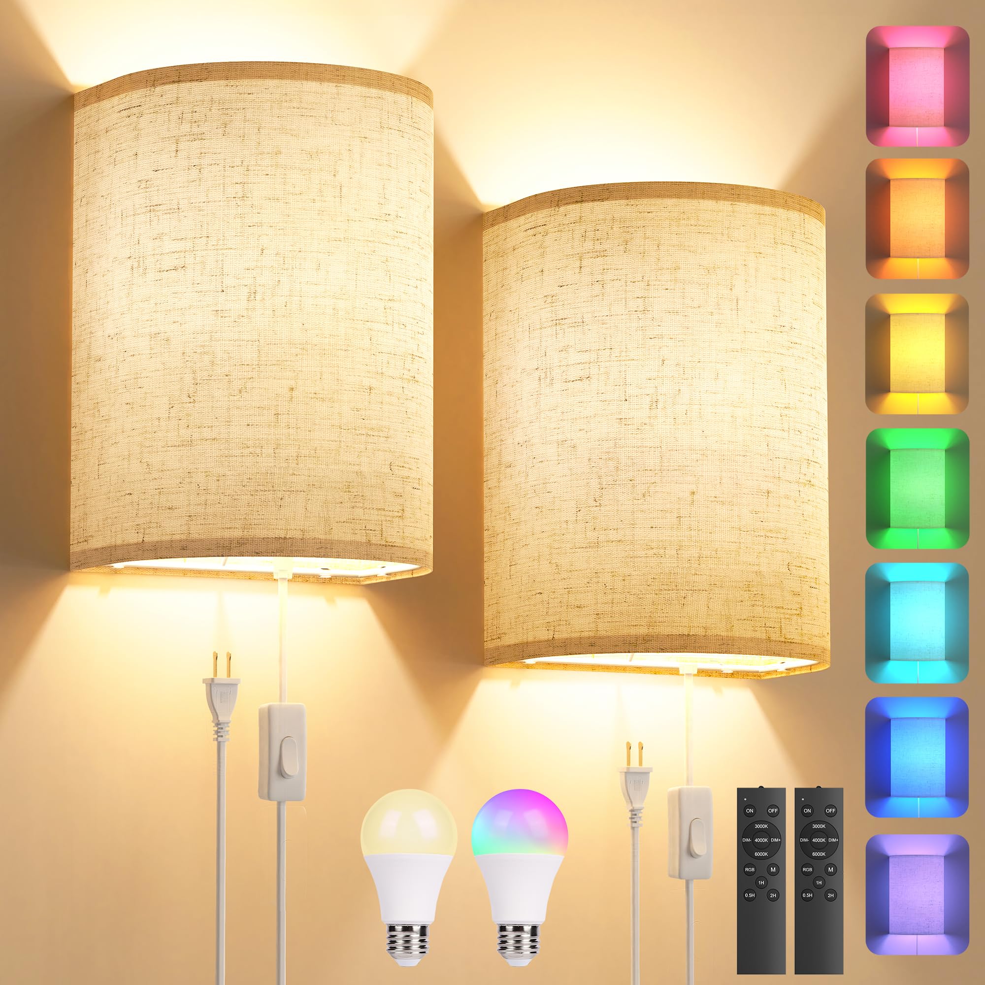 Photo 1 of Plug in Wall Sconces Set of Two: Wall Lights with 7 RGB Colors - 3 Color Temperature Wall Mount Lamps with Remote - Fabric Linen Wall Sconc for Bedroom Living Room & Hallway- Indoor Corded Wall Sconce