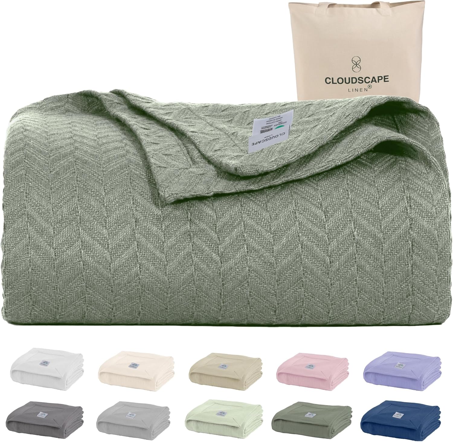 Cloud Scape Linen 100% Cotton Blanket Queen Size - Lightweight All Season & Breathable Blanket, Herringbone Weave, Best Gift for Women, Mom, Men,fits Full Size Bed, 92x92, Olive Green