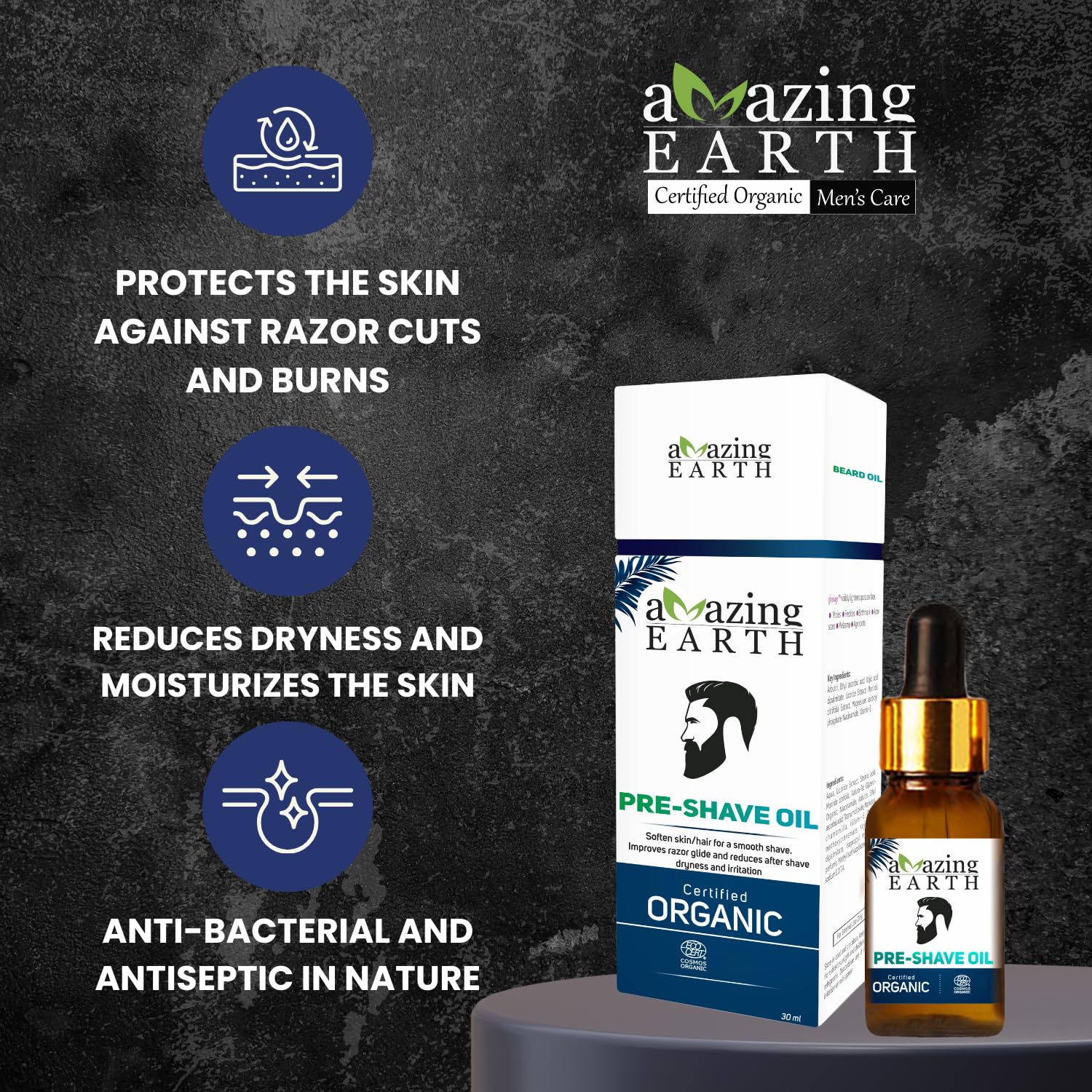AMAzing EARTH Certified Organic Pre-Shave Oil - with Olive, Argan & Apricot Oil, Soft Stubble, Moisturizing, Silicone & Minerals Free, Sulphates & Parabens Free, Vegan & Cruelty Free - 30ml