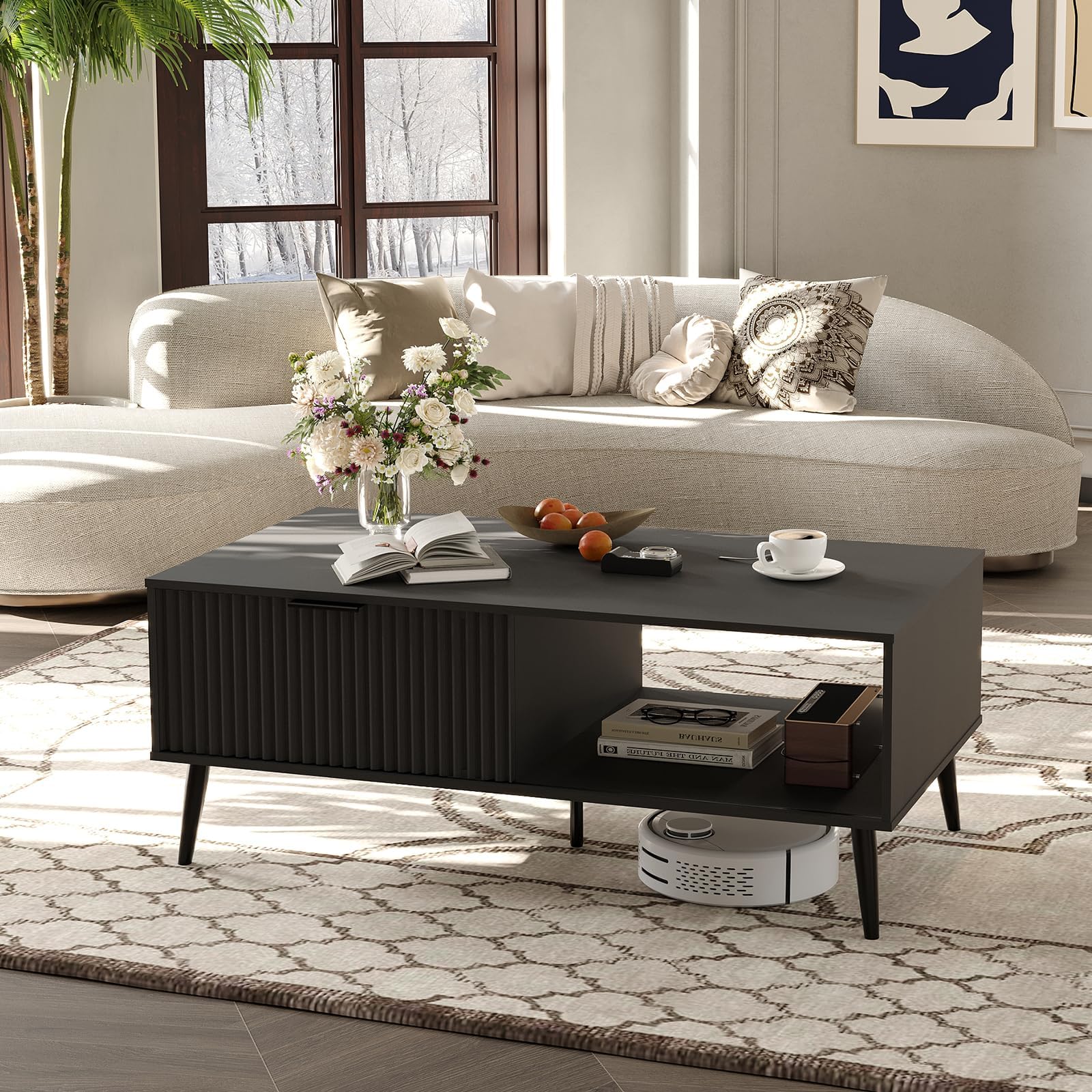 Coffee Table 2-Tiers Farmhouse Coffee Tables with Sliding Wave-Pattern Doors and Storage Wooden Dining Center Tables for Living