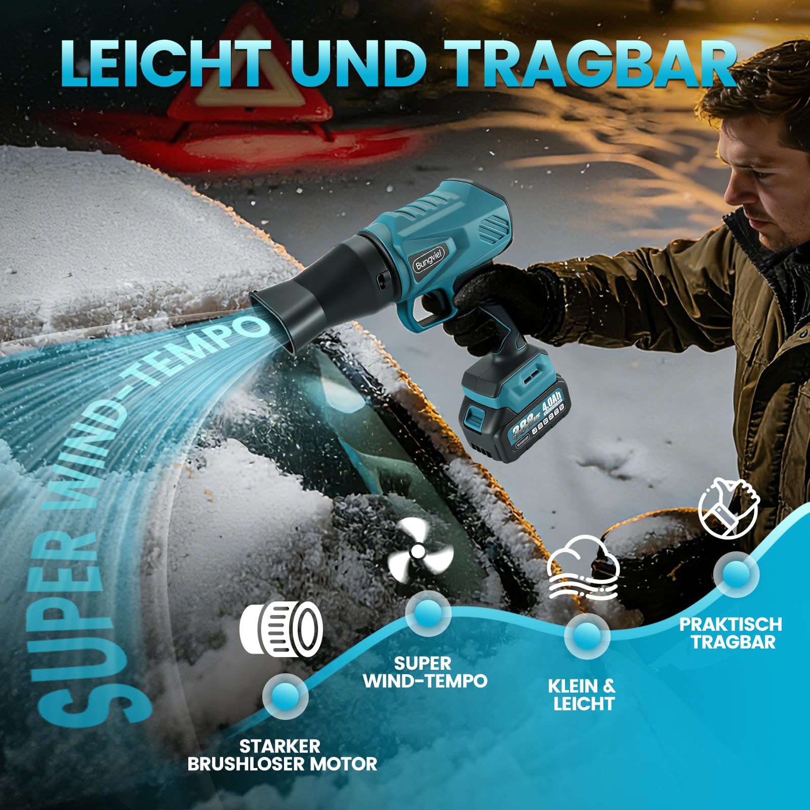 Soplador de hojas con batería de 880 W, motor sin escobillas de 52.000 rpm, con 2 baterías de 4000 mAh, velocidad del viento de 80 m/s y empuje de 1200 g, 3 boquillas, soplador de nieve y soplador de