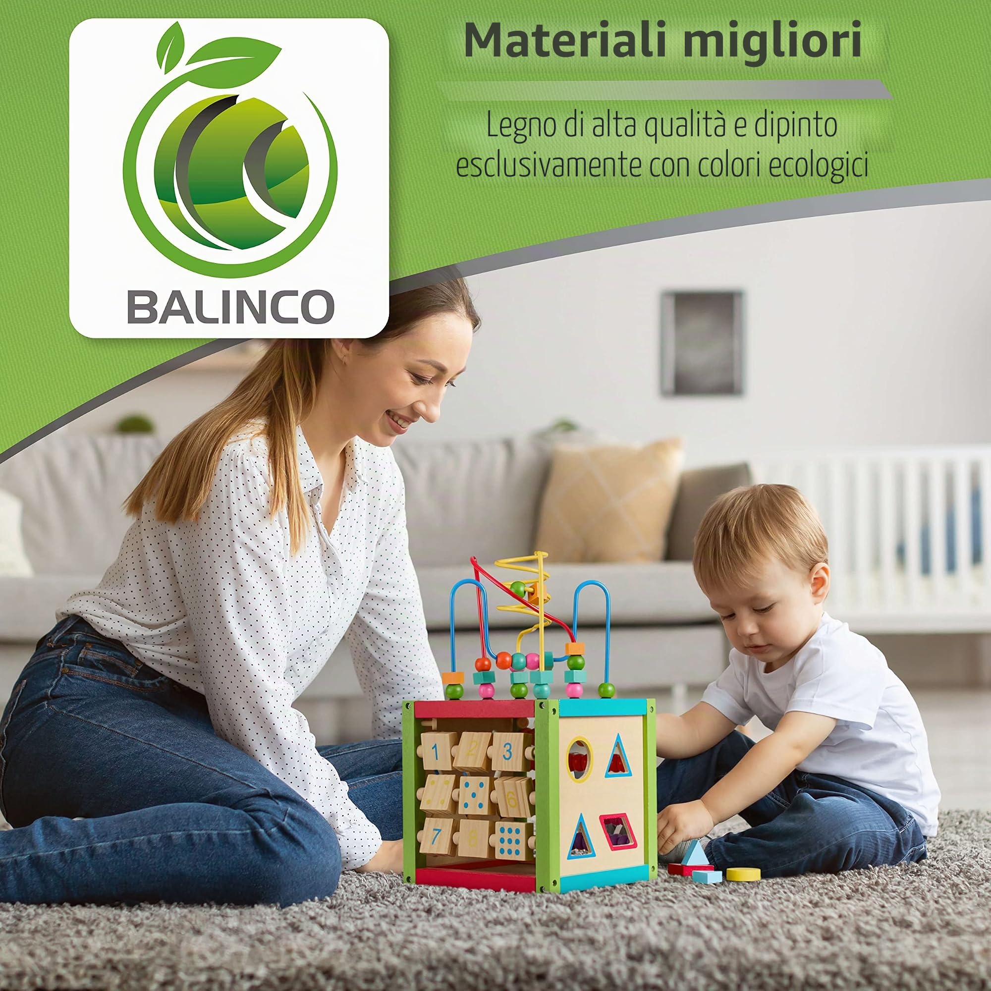 BALINCO Motor Cube, Cubo di attività per Bambini, 5 Lati con Labirinto di Perline, Abaco, Forme a pioli, Blocchi numerici, Labirinto Scorrevole, Giocattolo in Legno a Partire da 6 Mesi