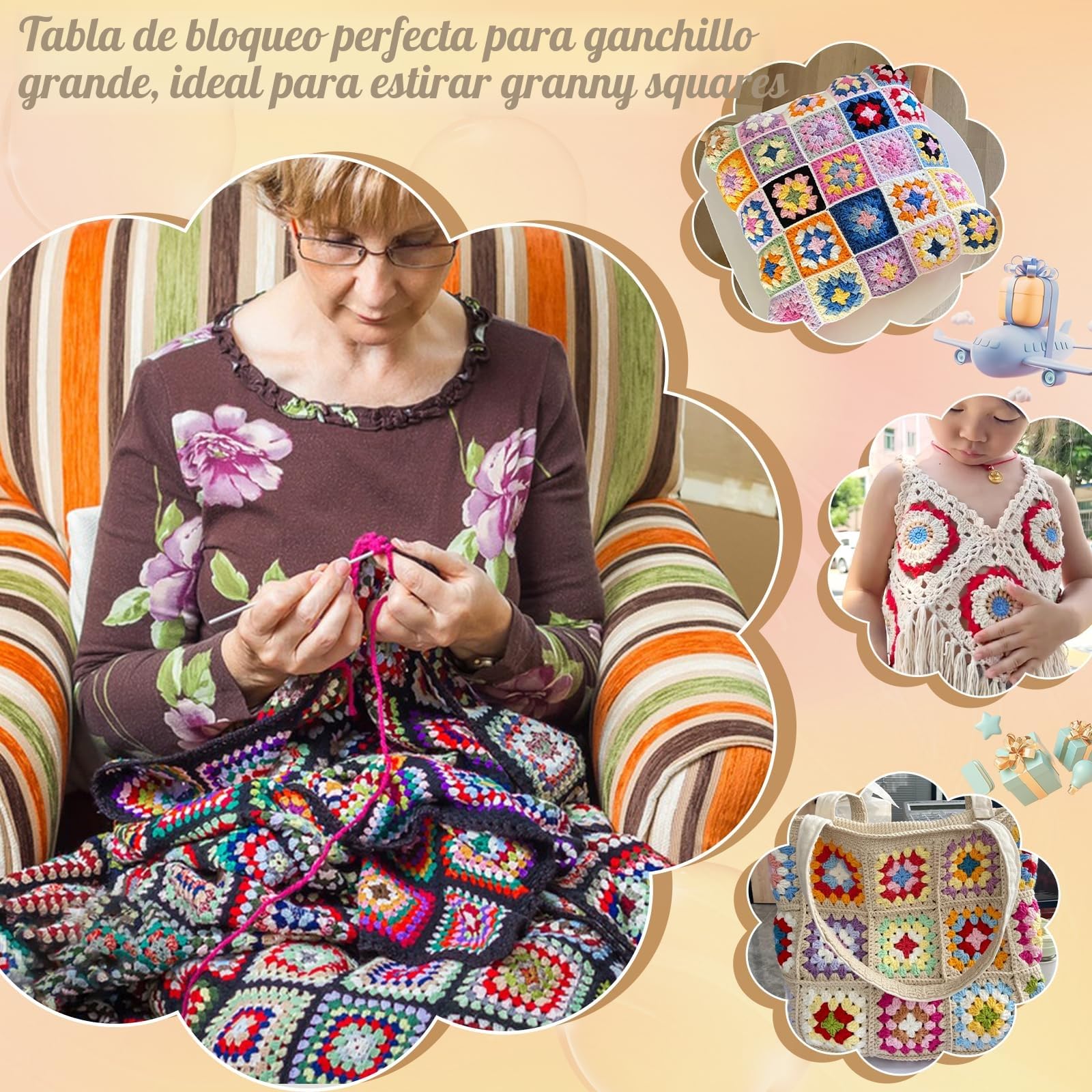 Coopay Granny Square Tensor grande, 33 x 33 cm, tabla de bloqueo de ganchillo, con 30 pasadores de varilla de acero inoxidable, plegable, tabla de sujeción de bambú, para proyectos de punto y