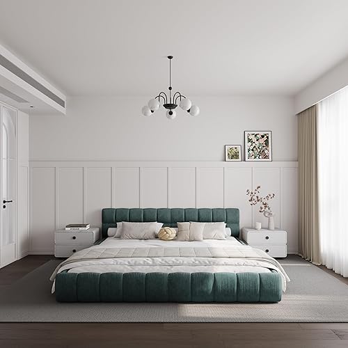 DEINPPA King Modern Bed, Chenille Upholstered Platform Bed with Cloud Soft Headboard, Grounded Upholstered Wood Base Platform Bed, Italian Style Modern Beds, Blue+Green
