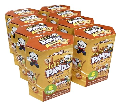 Meiji Hello Panda - Galletas rellenas de crema de caramelo, 6 onzas, paquete de 8, 64 bolsas en total, galletas del tamaño de un bocado con