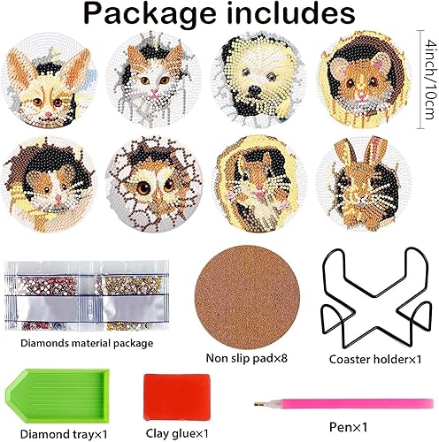 Miniatura 2 de Juego de 8 posavasos con diseño de animales en 3D con soporte para manualidades, bonitos animales, posavasos antideslizantes para adultos, kits de