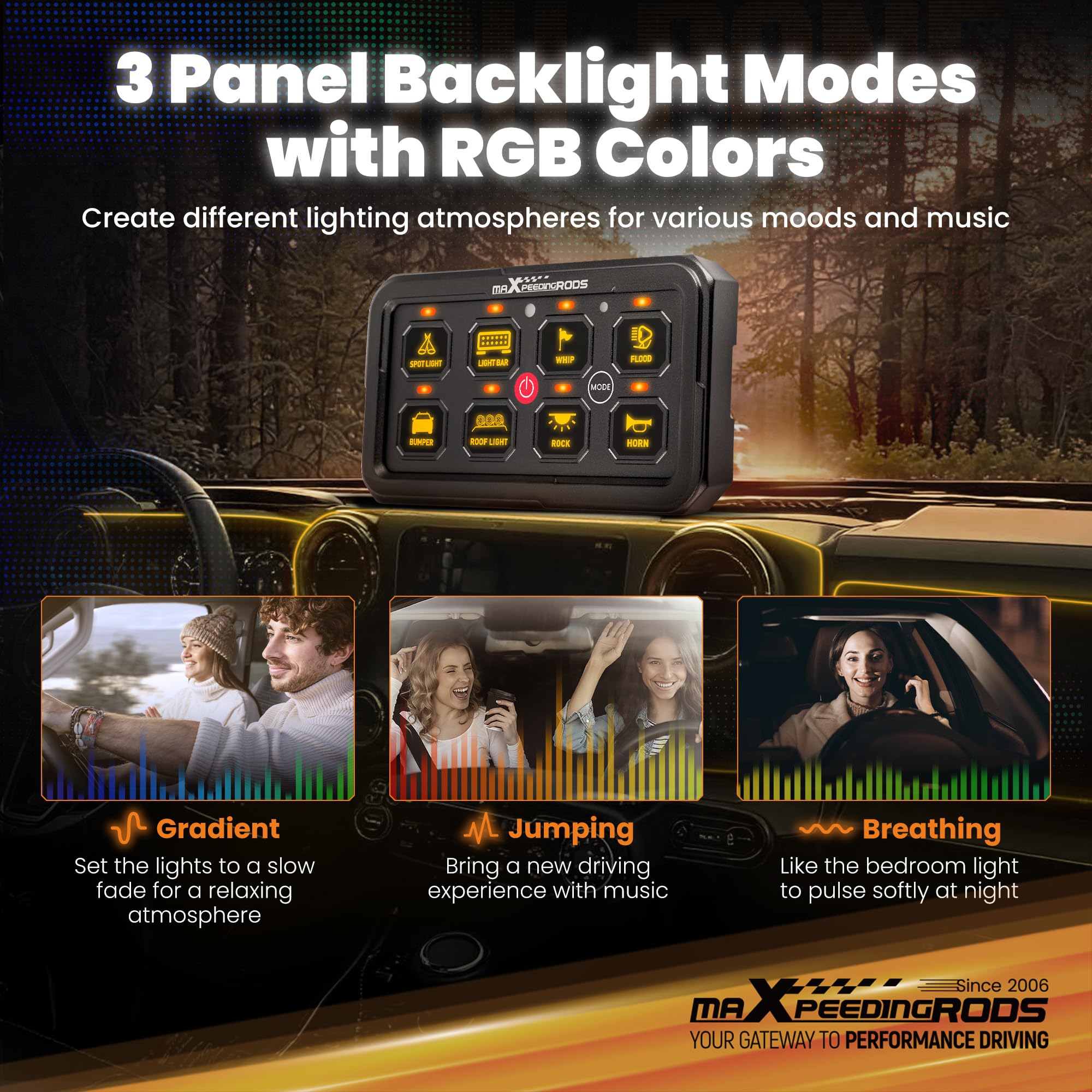 maXpeedingrods RGB 8 biegów 12/24 V LED panel przełącznika, funkcja pamięci, możliwość ściemniania, 8 kolorów, panel dotykowy z 140 naklejkami, 4 wielofunkcyjne, uniwersalne sterowanie przekaźnikiem