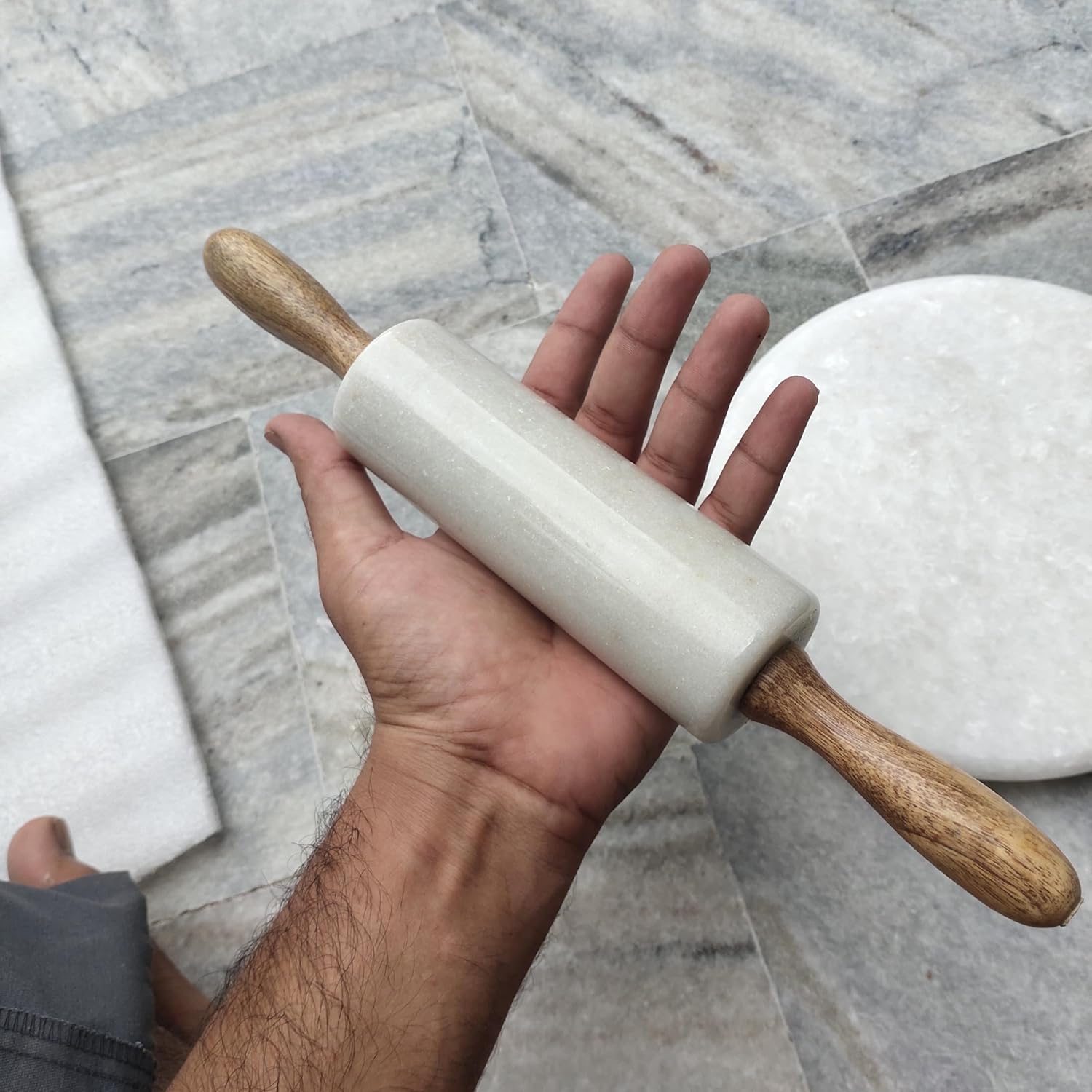 White Marble Chakla Belan Set – Handmade Rolling Board & Marble Rolling Pin with Wooden Handles for Roti, Chapati & Dough Prep
