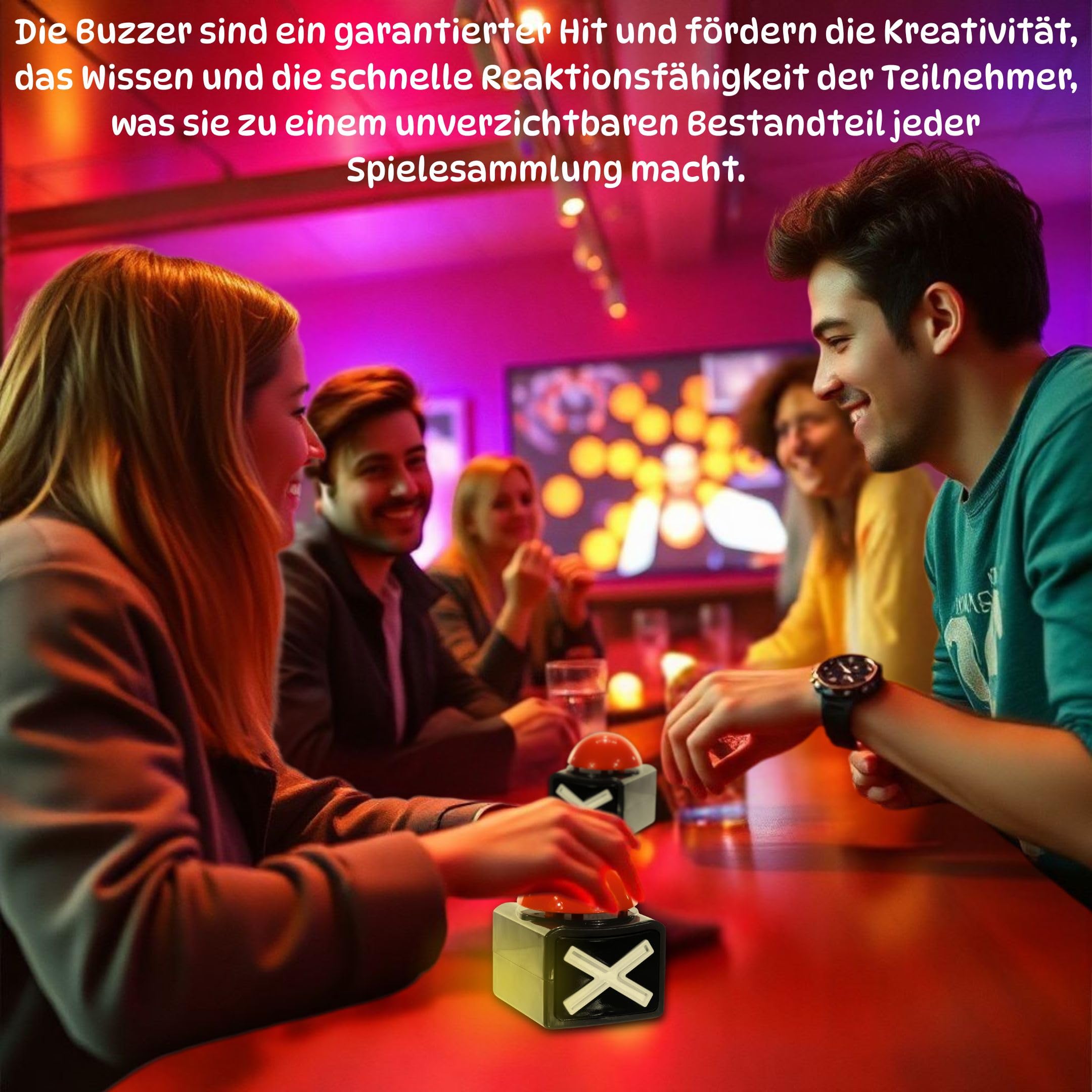 Bada Bing 2er Set XL Buzzer Button mit Sound und Lichteffekten - Perfekt für Quizabende und Partyspiele - Zubehör Quiz Games - Batteriebetriebener Alarmknopf Spielabende und Spielshows Party Spiel