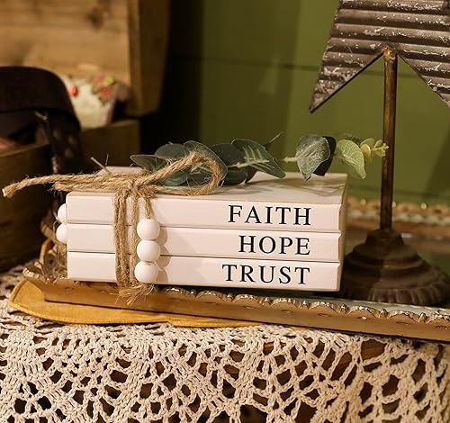 Miniatura 4 de LARAINEIK 3 libros blancos decorativos de madera, apilamiento de libros rústicos de granja, libros de imitación para estantes de mesa de café con