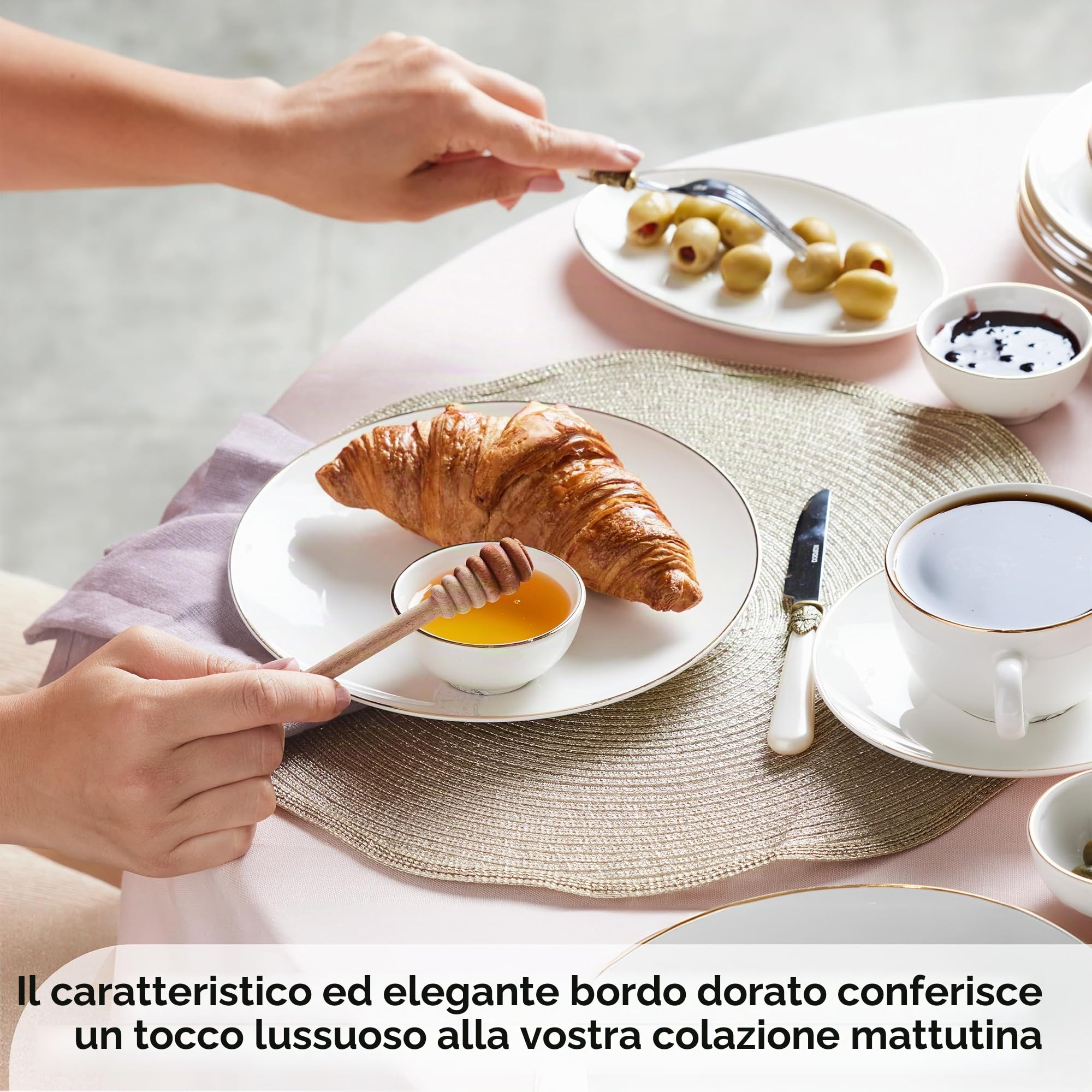 Karaca Marcelo Gold - Set da colazione per 6 persone, set da 26 pezzi con piatti e ciotole, set di stoviglie rotonde e set da tavola in oro bianco
