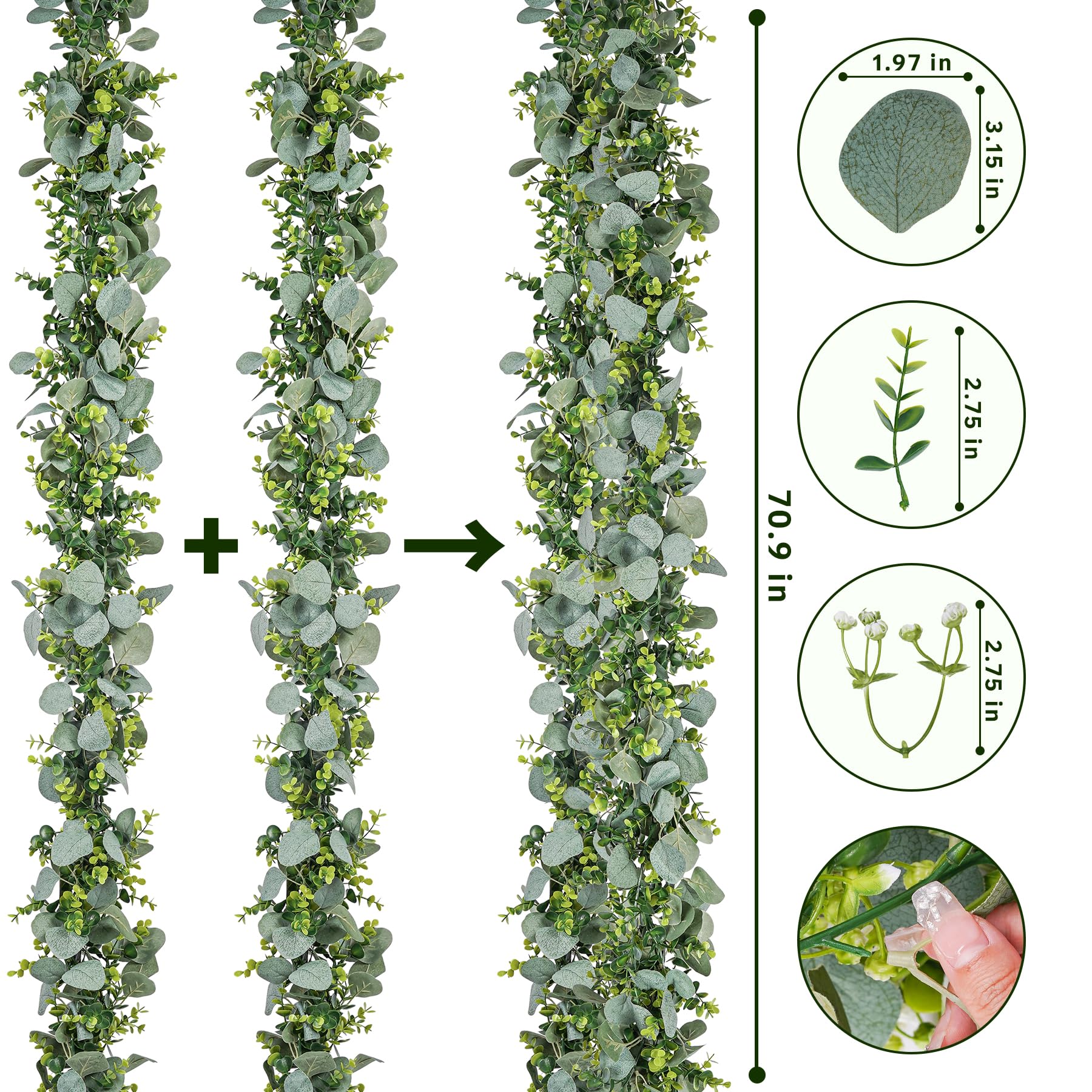 YOUNGLEAVES Künstliche Eukalyptus-Girlande, 8 Stück, künstliche grüne Girlande, Ranken, hängende Eukalyptusblätter für Hochzeit, Hintergrund, Bogen, Wanddekoration, Tafelaufsatz für den Außenbereich