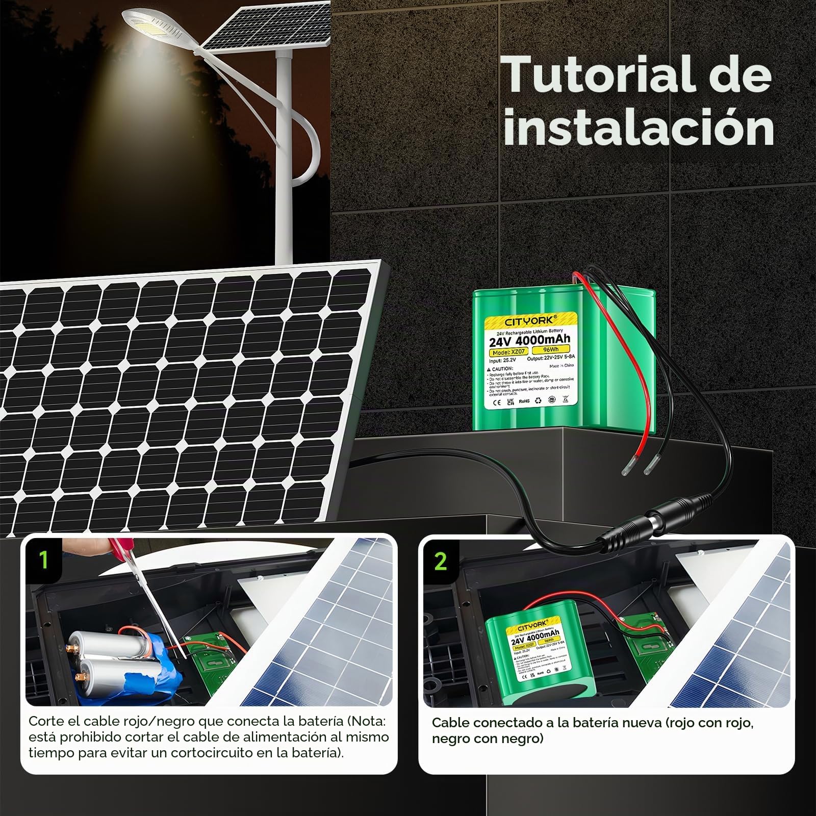 CITYORK Batería de litio de 24 V 4000 mAh y cargador, cable de extensión, conexión de cable para proyectos de bricolaje, farolas solares, cámara CCTV, altavoz, pulverizador y más