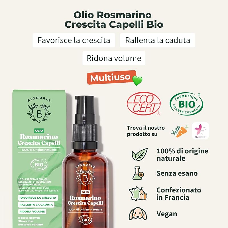 BIONOBLE Olio di Rosmarino per Capelli Bio - Stimola Crescita, Nutre il Cuoio Capelluto - Olio Capelli Rosmarino, Ricino, Argan - Rosemary Oil for Hair Growth - Bottiglia di Vetro, Pipetta - 50ml