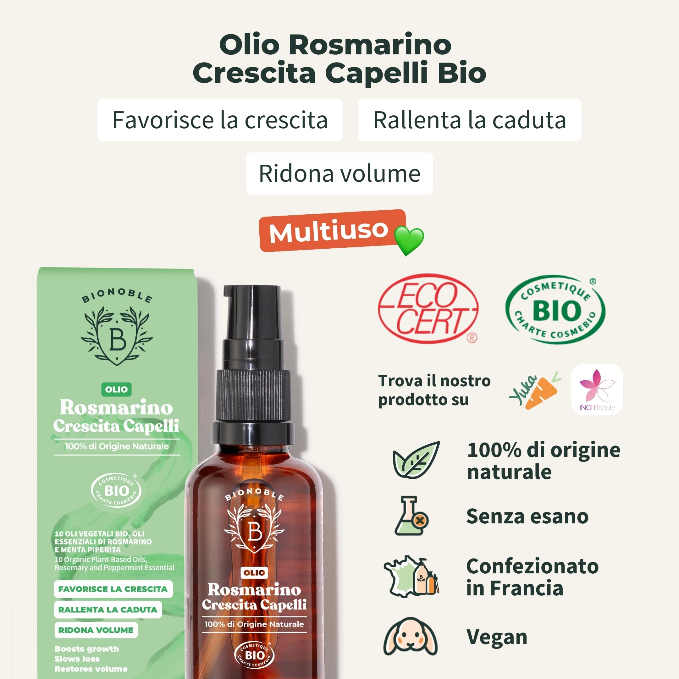 BIONOBLE Olio di Rosmarino per Capelli Bio - Stimola Crescita, Nutre il Cuoio Capelluto - Olio Capelli Rosmarino, Ricino, Argan - Rosemary Oil for Hair Growth - Bottiglia di Vetro, Pipetta - 50ml