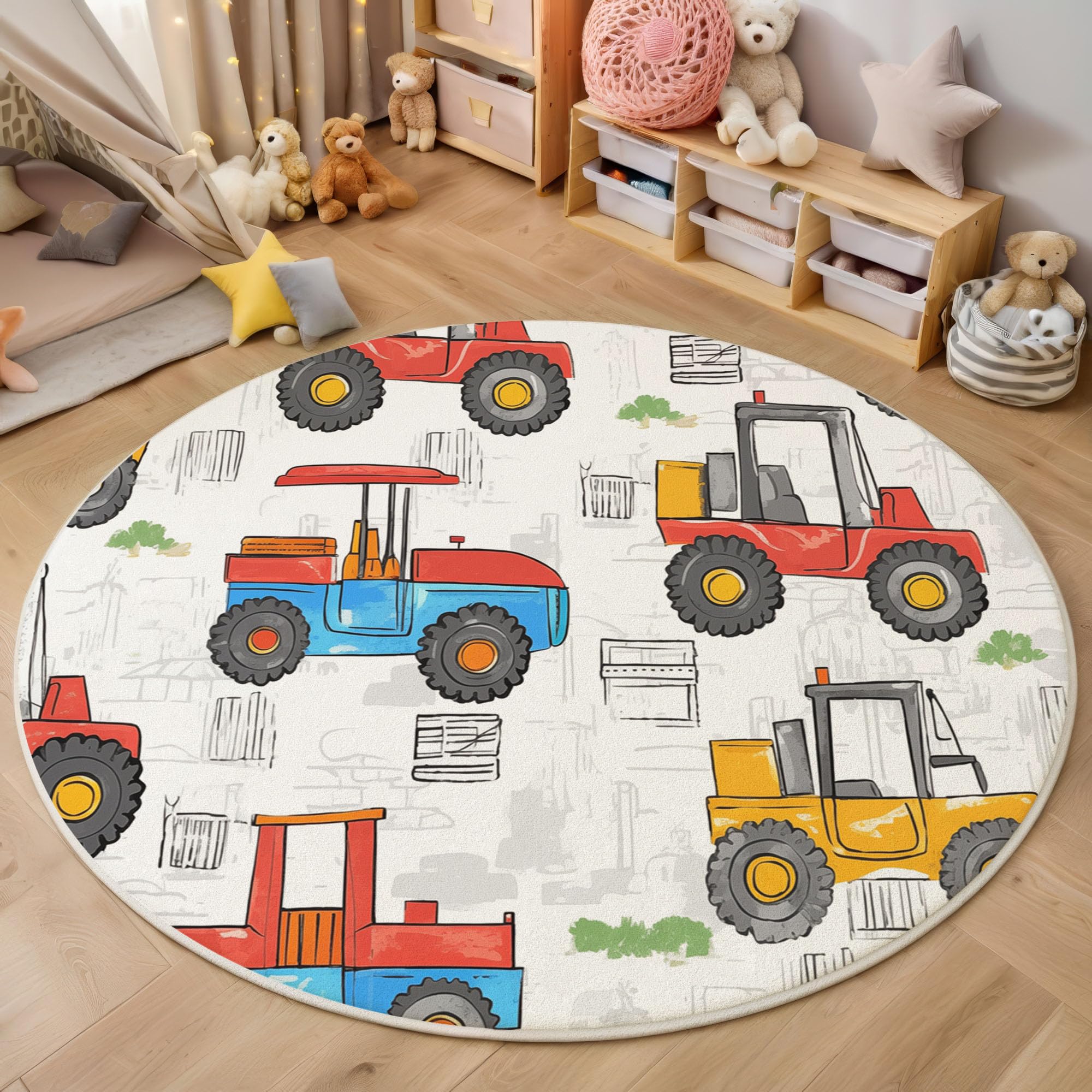 Tappeto Rotondo Giallo Tappeti 100cm Salotto Moderno Lavabile in Antiscivolo cartone animato disegnato a mano Veicoli costruzione carrelli elevatori Carpet Cameretta Scendiletto Pelo Corto