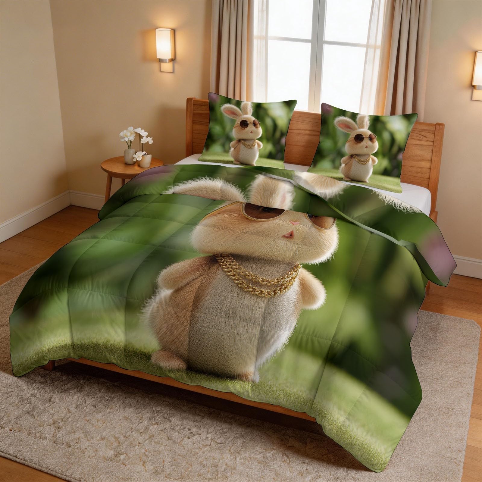 Generisch Kołdra 200 x 220 cm, na 4 pory roku, kreskówka, zwierzęta, cztery pory roku, pikowana, słodka zająca, złoty łańcuszek, okulary przeciwsłoneczne, łąka, miękka kołdra całoroczna, zielona, bez