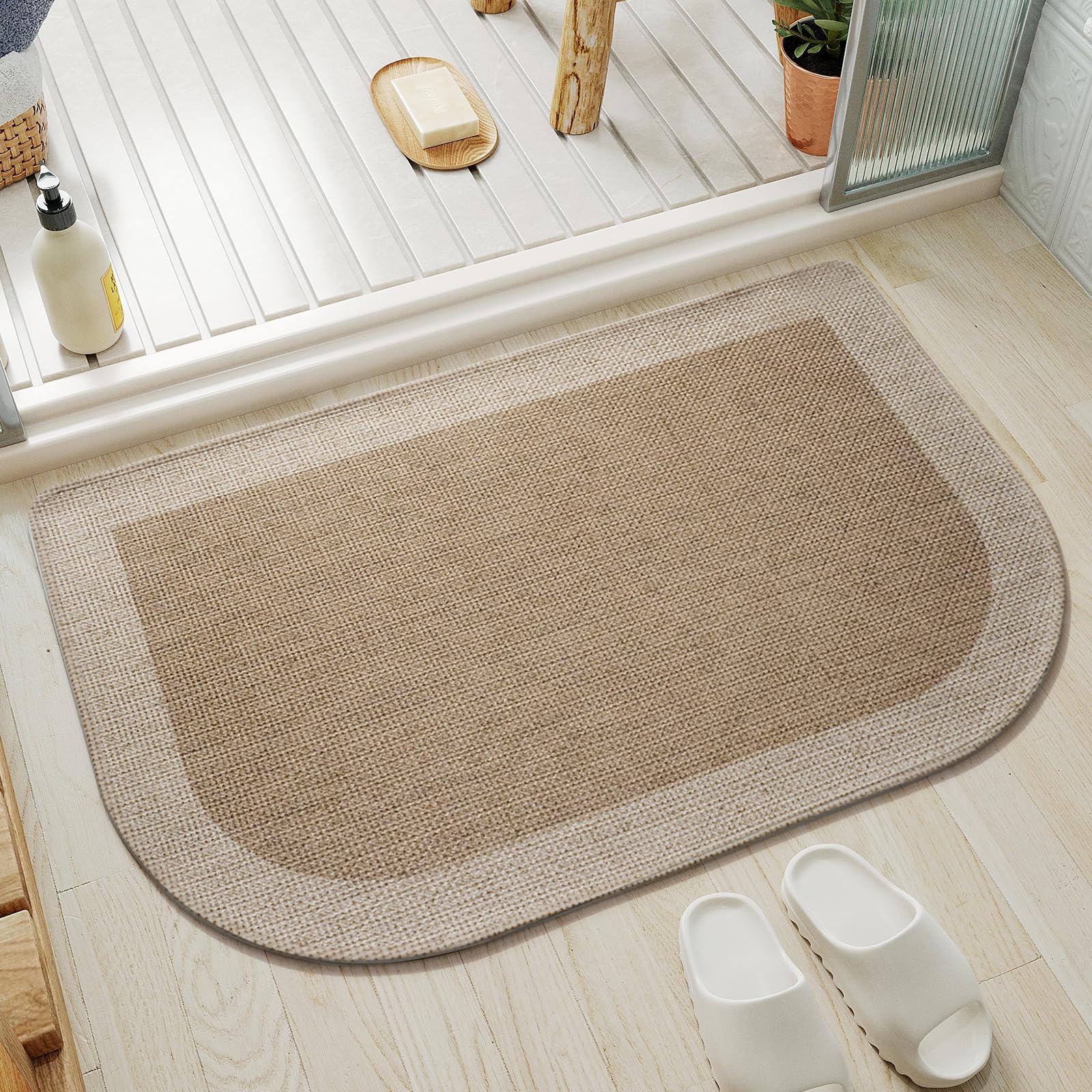 YDKGL Half Circle Bath Mat,Thin Bathroom Rugs Fit Under Door Quick Dry Non Slip Washable Bathroom Mat with Rubber Backing,Absorbent Woven Half Round Shower Rug, Brown Beige 16x24