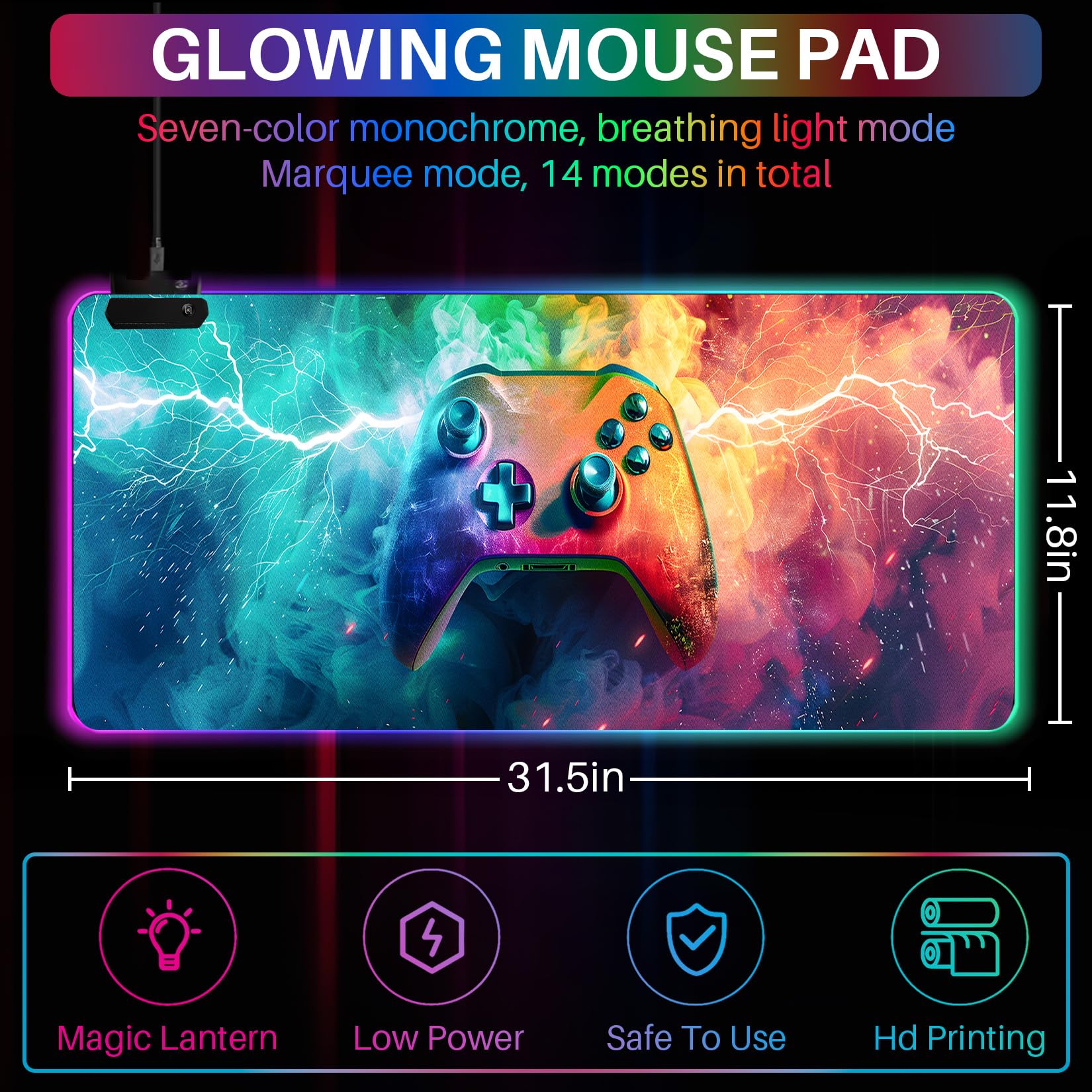 Tapis de souris de jeu à DEL XL avec 14 modes d'éclairage – Tapis de souris lumineux, 80 x 30 cm, antidérapant, style manette de jeu RVB, accessoires de jeu long et lumineux, noir