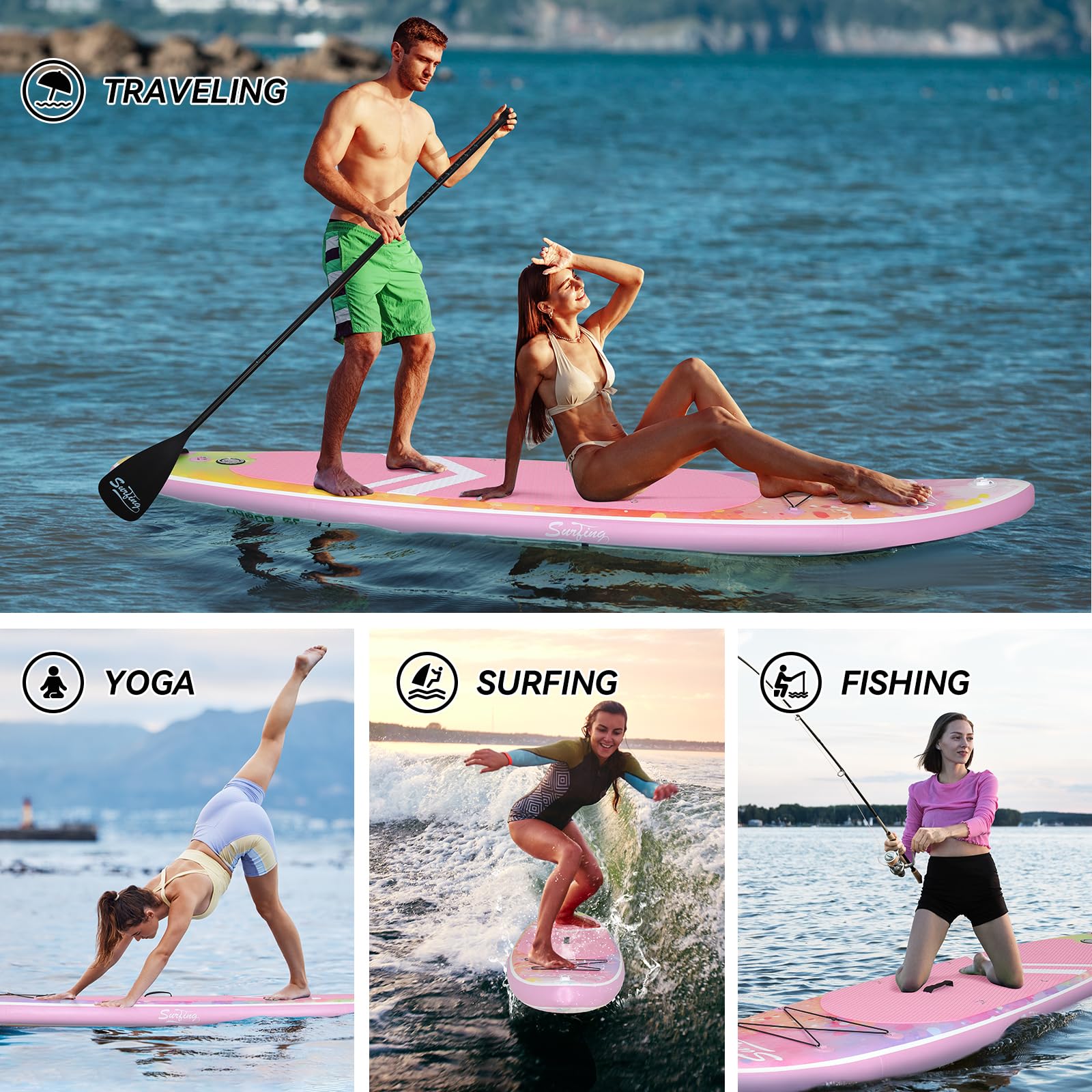 Tabla De Paddle Sup Yoga VirtuFit 355 - Tabla Hinchable Para Yoga Y Fitness En El Agua, Color Rosa O Beige, Accesorios Incluidos